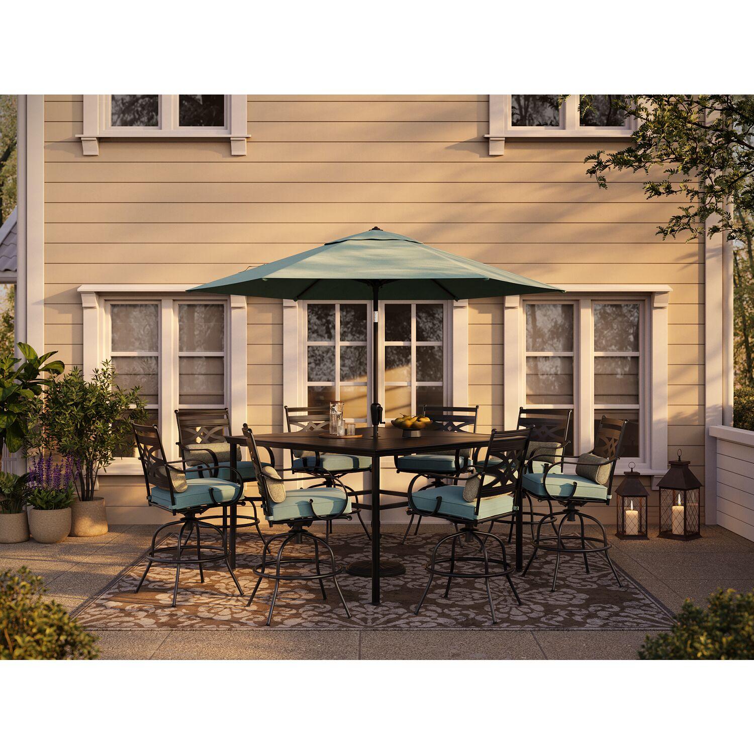 Hanover Montclair 9-Piece High-Dining Set in Ocean Blue with 8 Counter-Height Swivel Chairs and 60-Inch Square Table