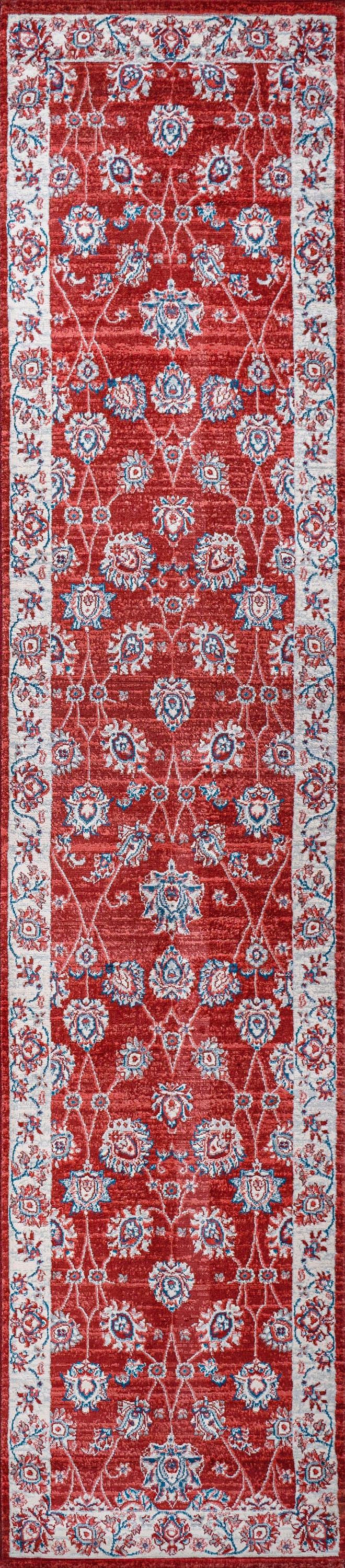 Red and Ivory Floral Synthetic Runner Rug, 2' x 10'