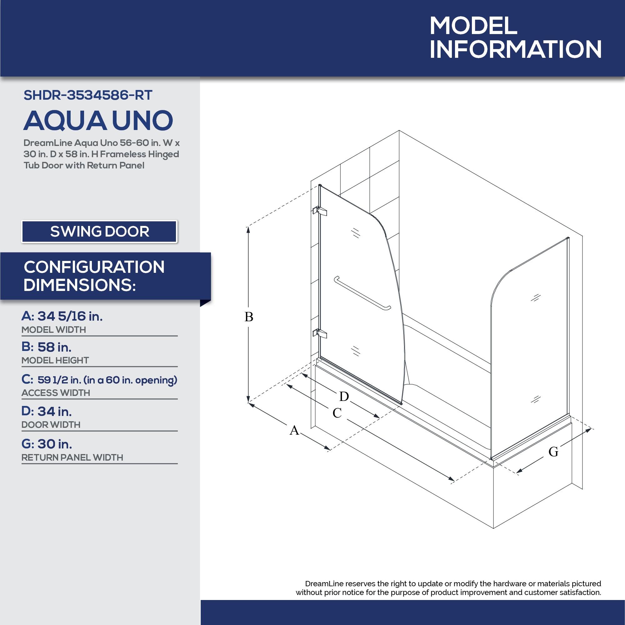 Aqua Uno 56" W x 58" H Hinged Semi-Frameless Tub Door
