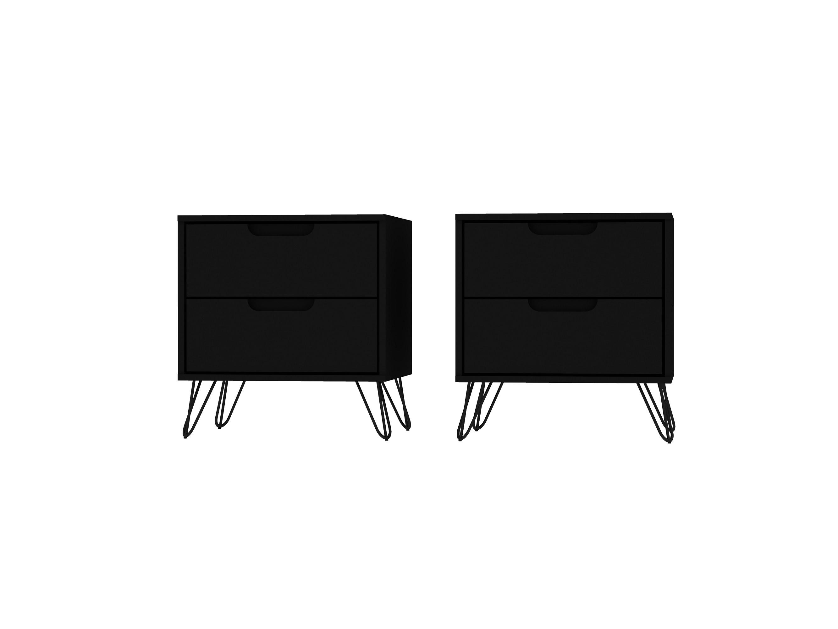 Set of 2 Rockefeller 2 Drawer Nightstands Black - Manhattan Comfort: Modern Bedside Storage Furniture