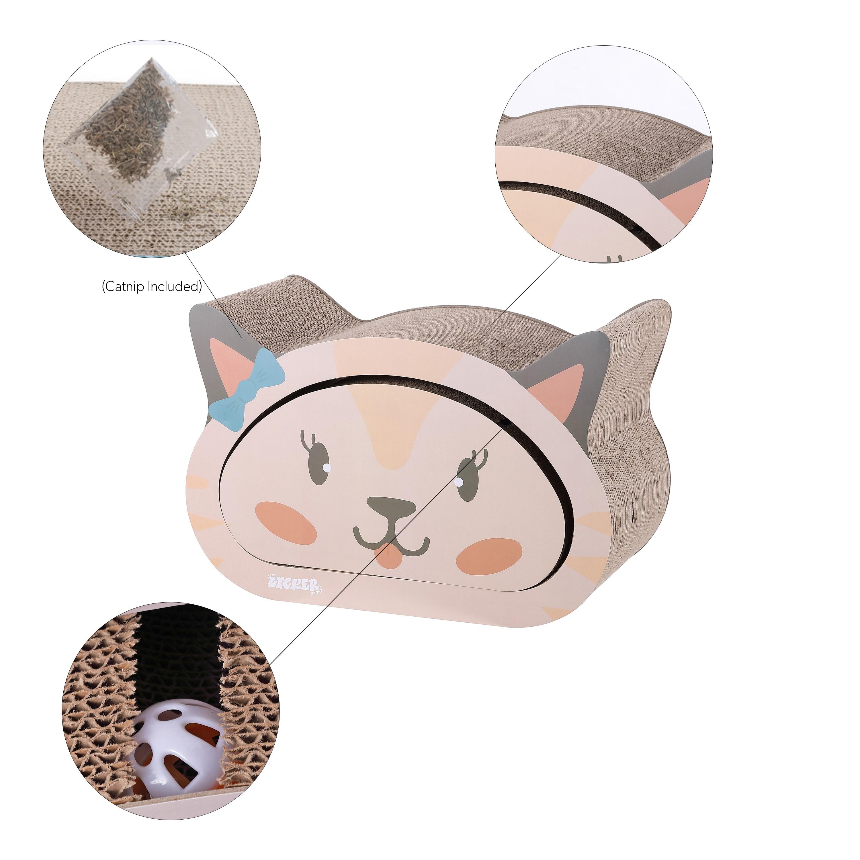 Opal 19" Modern Cardboard Happy Cat Head 2-in-1 Cat Cave Scratcher with Built-In Bell Toys and Catnip, Cream/Peach