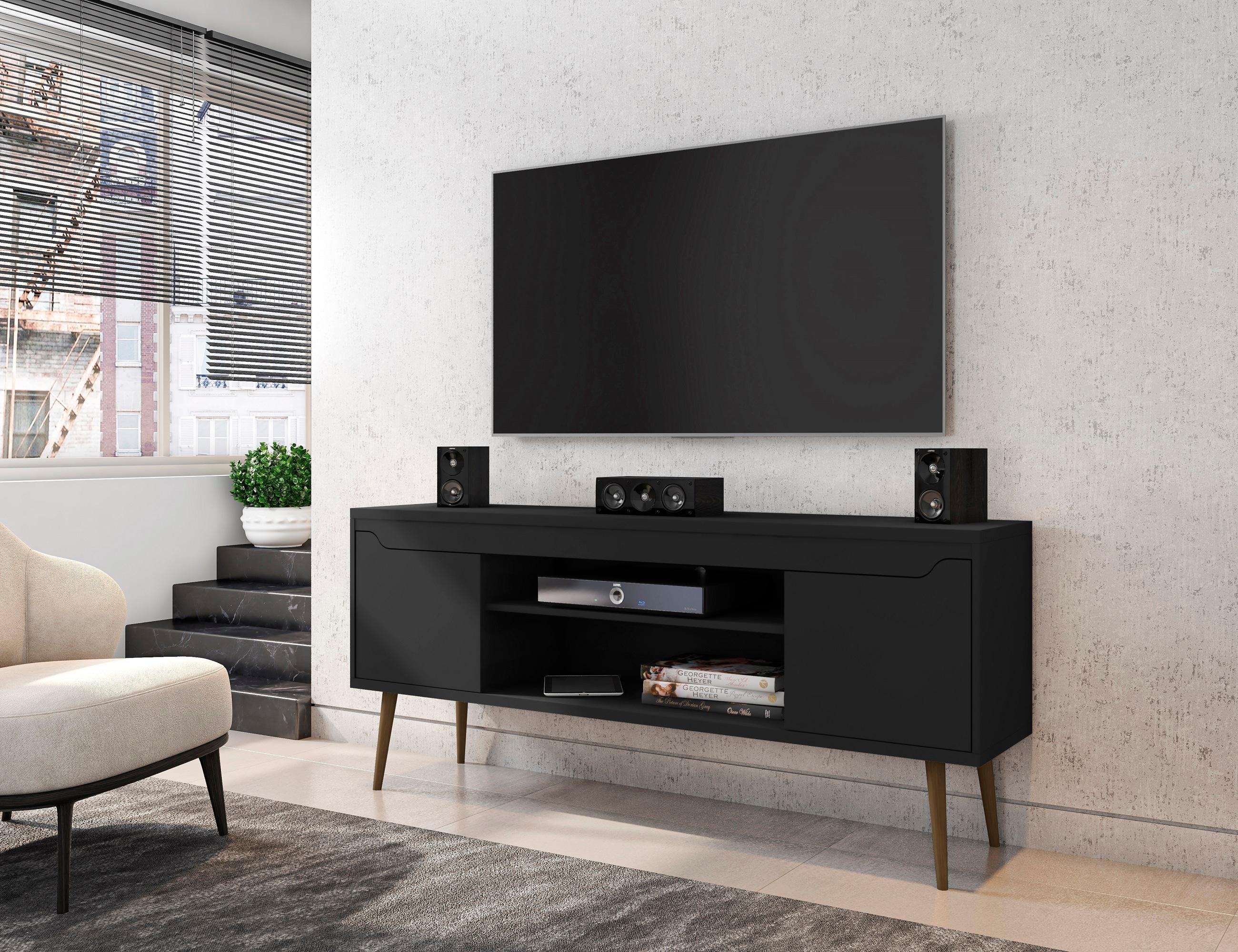 Bradley TV Stand for TVs up to 60" Black - Manhattan Comfort: Modern Entertainment Center with Open Shelves