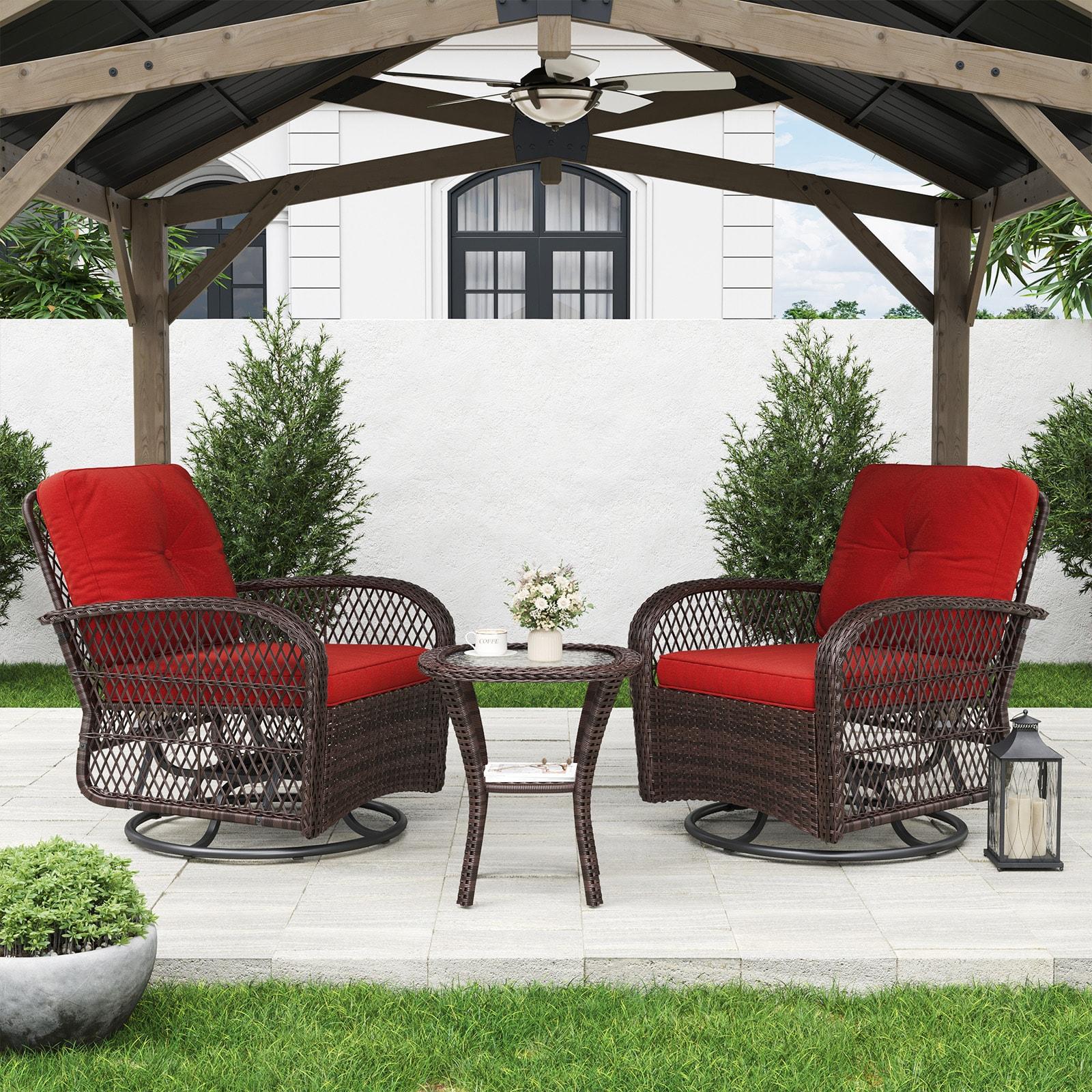 MRUAKA 3 Pieces Patio Furniture Set, Outdoor Swivel Gliders Rocker, Wicker Patio Bistro Set with Rattan Rocking Chair, Glass Top Side Table and Thickened Cushions for Porch Deck Backyard(Red)