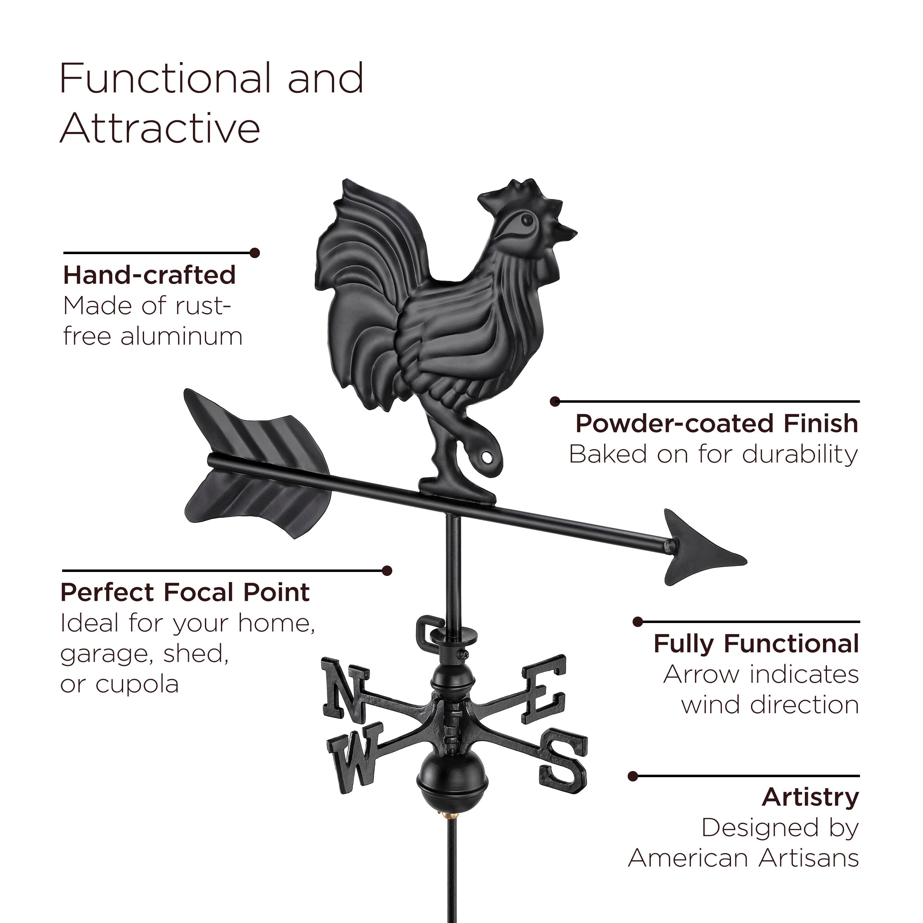 Black Aluminum Roof-Mount Rooster Weathervane for Small Structures