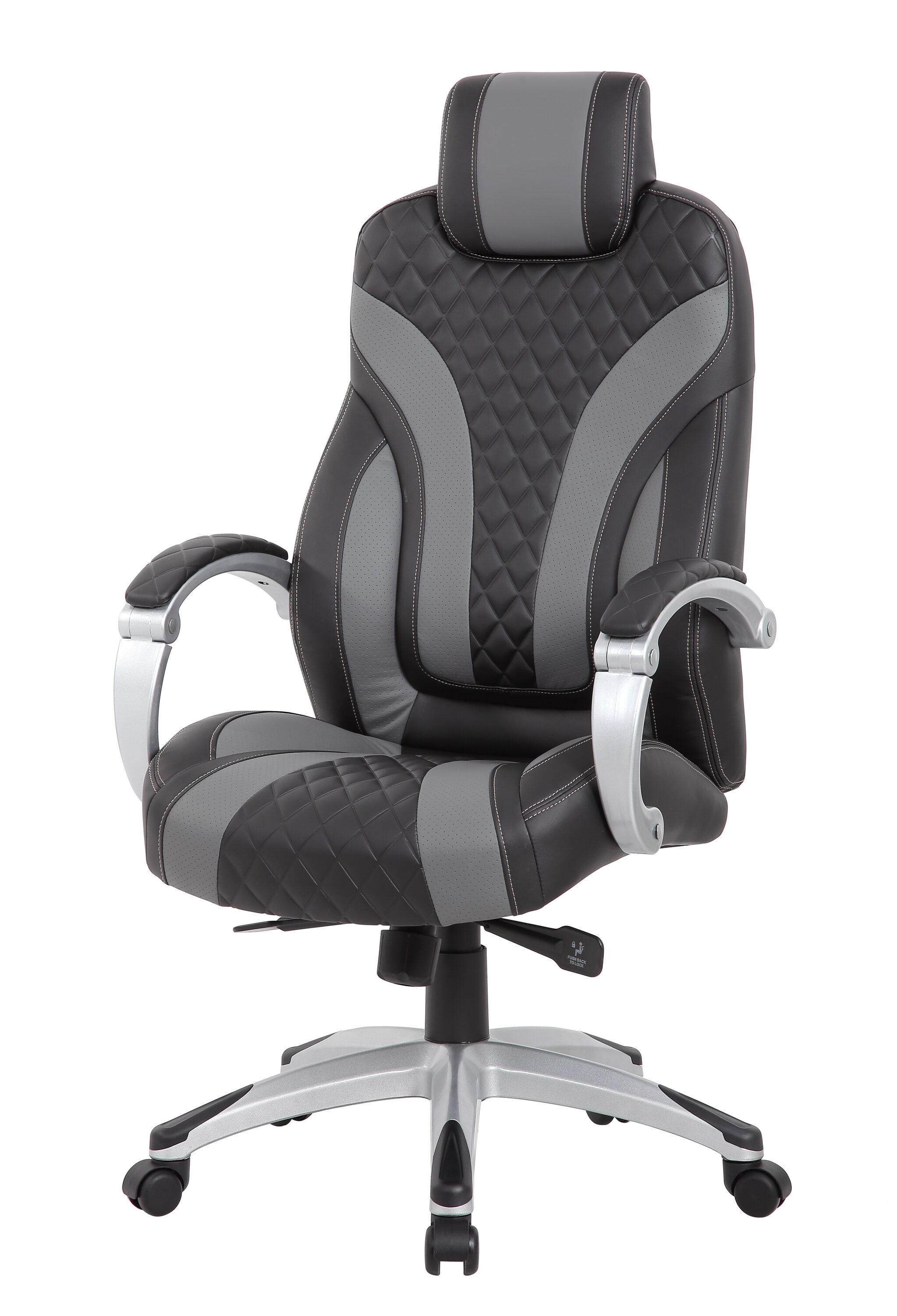 Boss Office Products Executive Hinged Armchair Black/Gray: Ergonomic, Swivel, Lumbar Support, Metal Frame