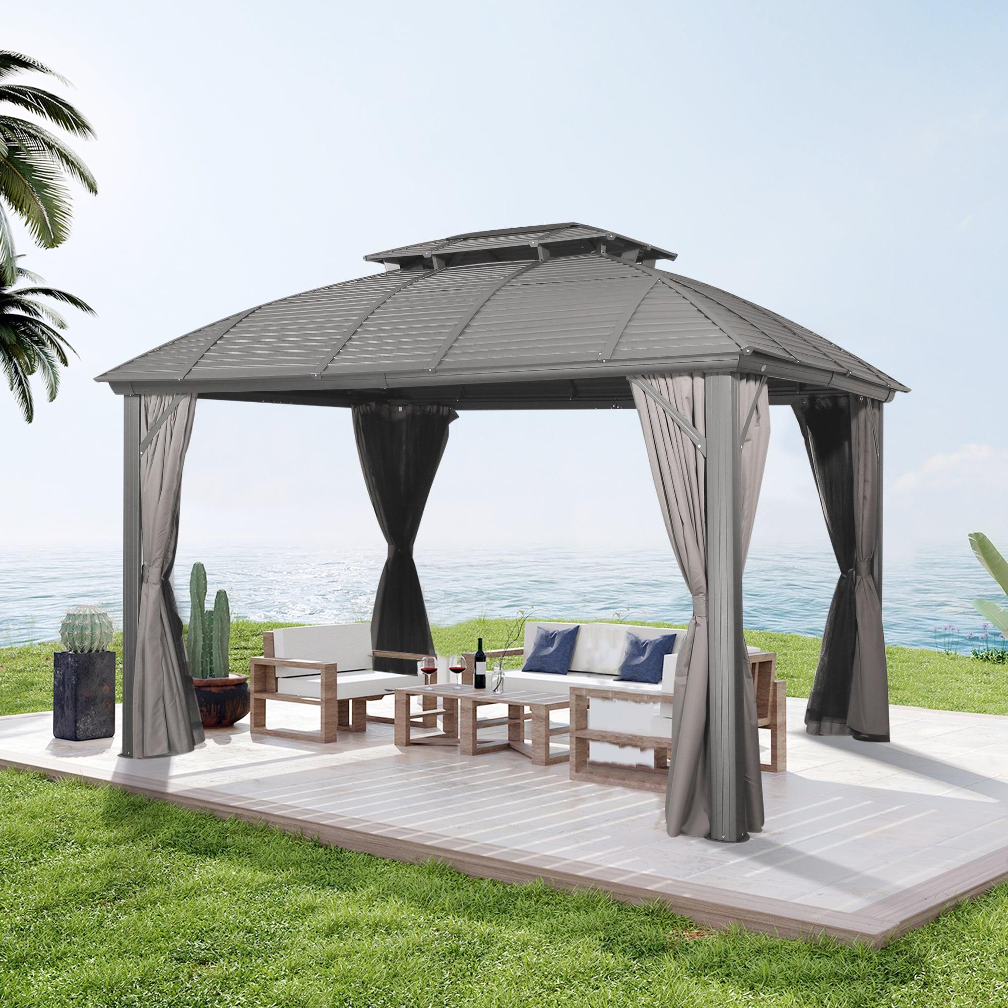 Sunmthink Patio 10x12 ft. Hardtop Gazebo, Double Roof Aluminum Frame with Netting and Curtains, Gray