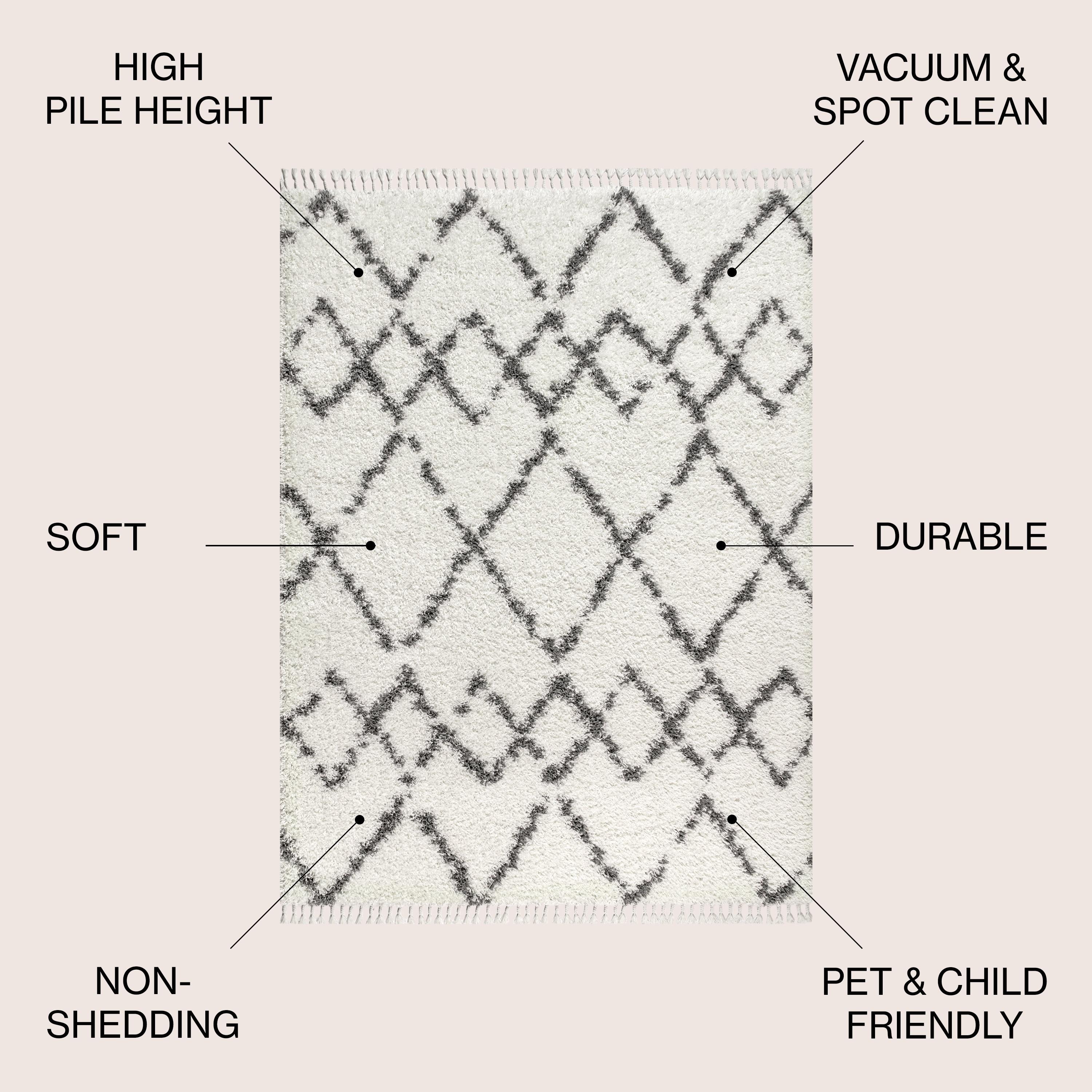8'x10' Mercer Shag Plush Tassel Moroccan Geometric Trellis Area Rug, Cream/Grey - JONATHAN Y