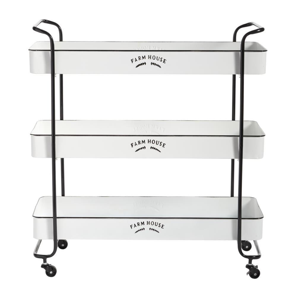 DecMode 32" x 35" White Metal Kitchen Rolling 3 Shelves Bar Cart with Black Accents and Farm House Design, 1-Piece