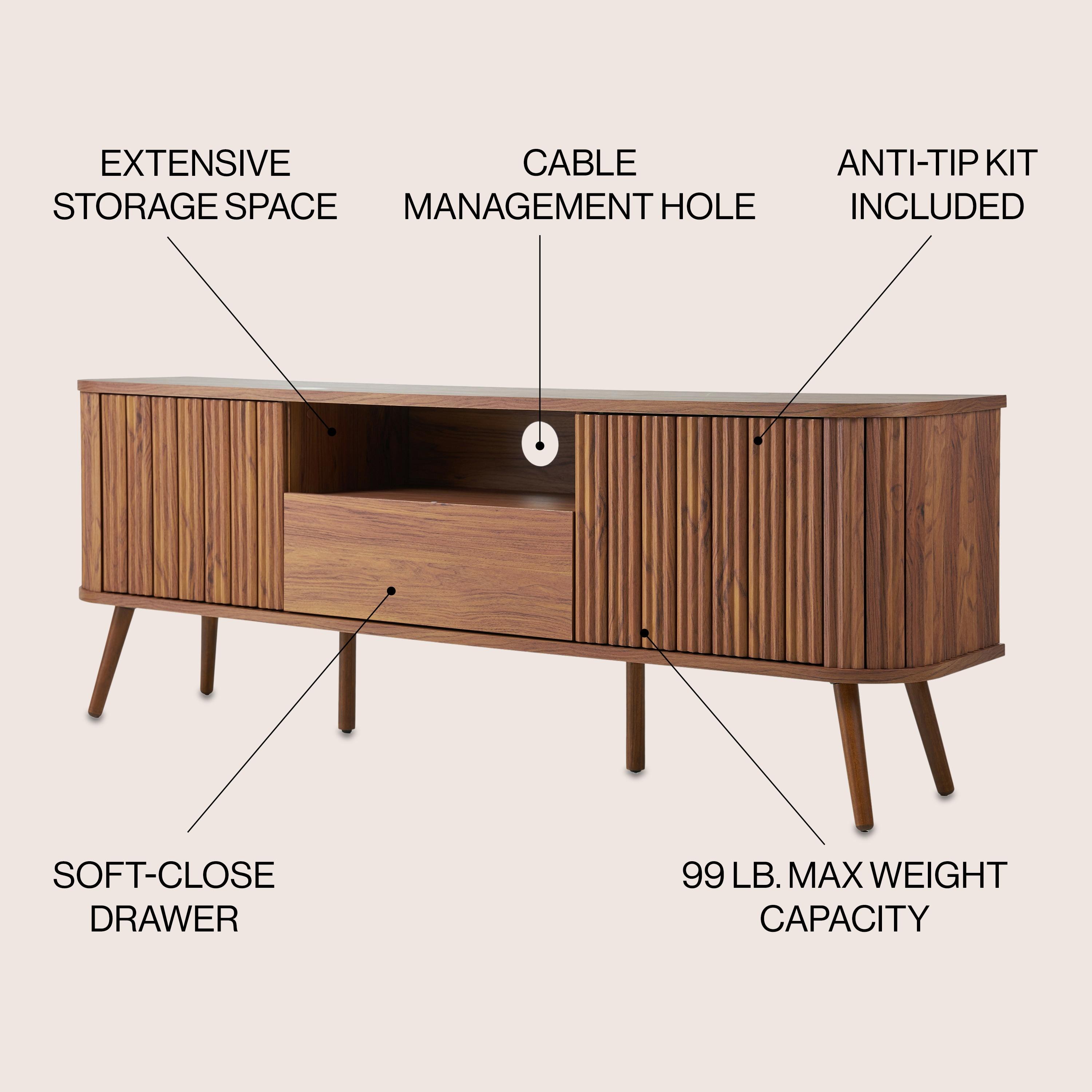 JONATHAN Y Damien 70 in. Farmhouse Curved TV Stand with Drawer and Storage Doors Fits TVs up to 75 in. with Cable Management, Walnut