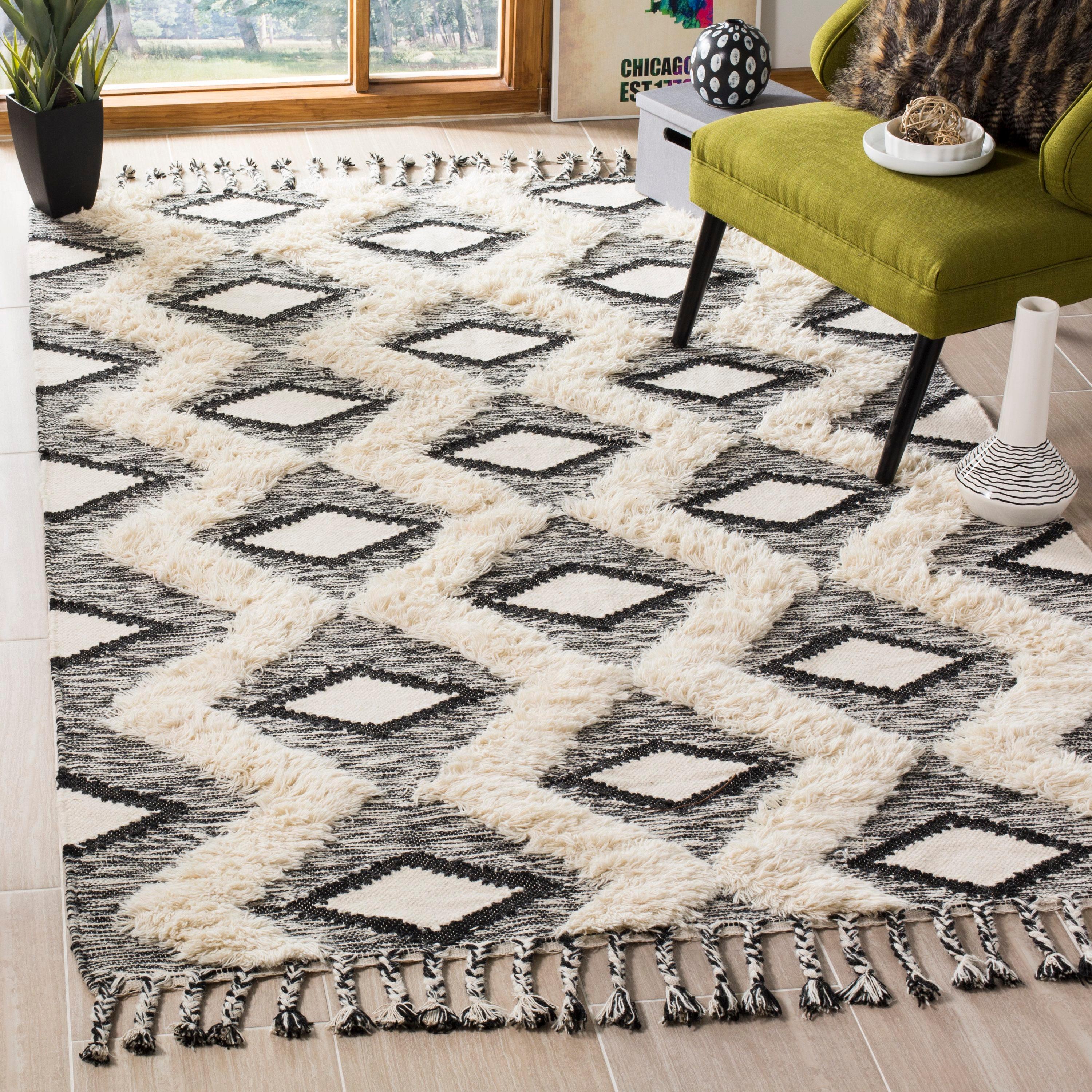 Kenya KNY908 Hand Knotted Area Rug - Black/Ivory - 5'x8' - Safavieh