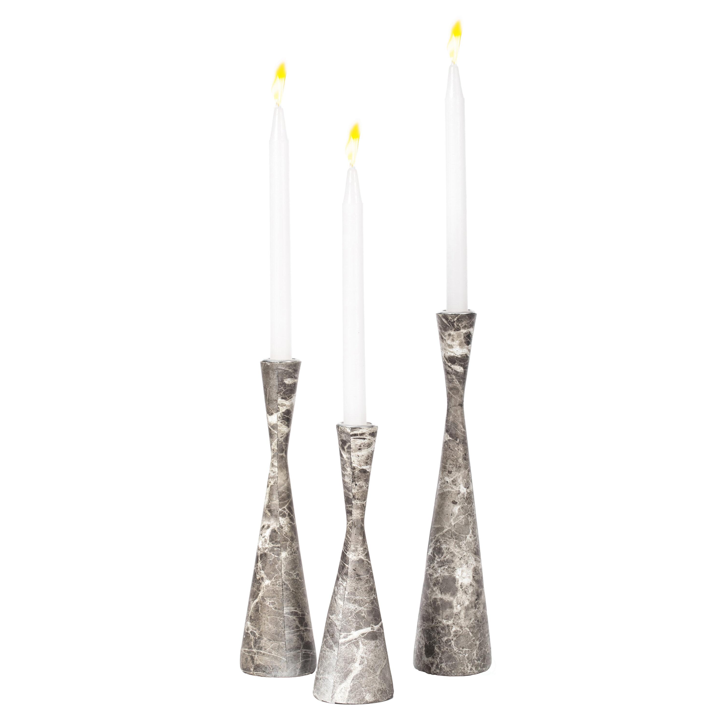 Ivy Bronx Marble Resin Candle Holders - 3 Set Taper Candlesticks for Home Decor, Gray