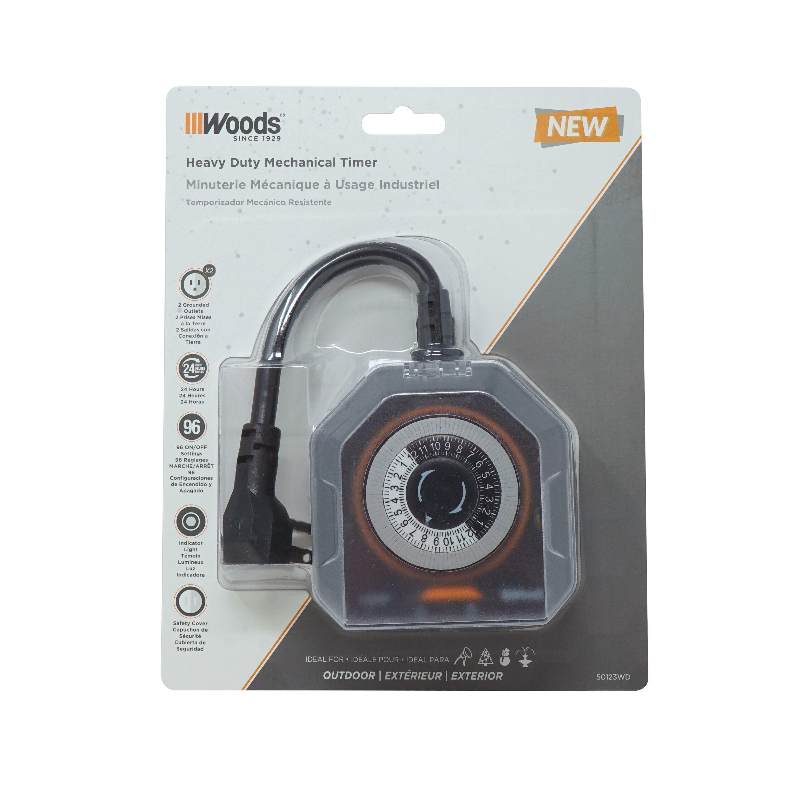 Woods 50123WD Black Outdoor 24-Hour Mechanical Timer with 2 Grounded Outlets
