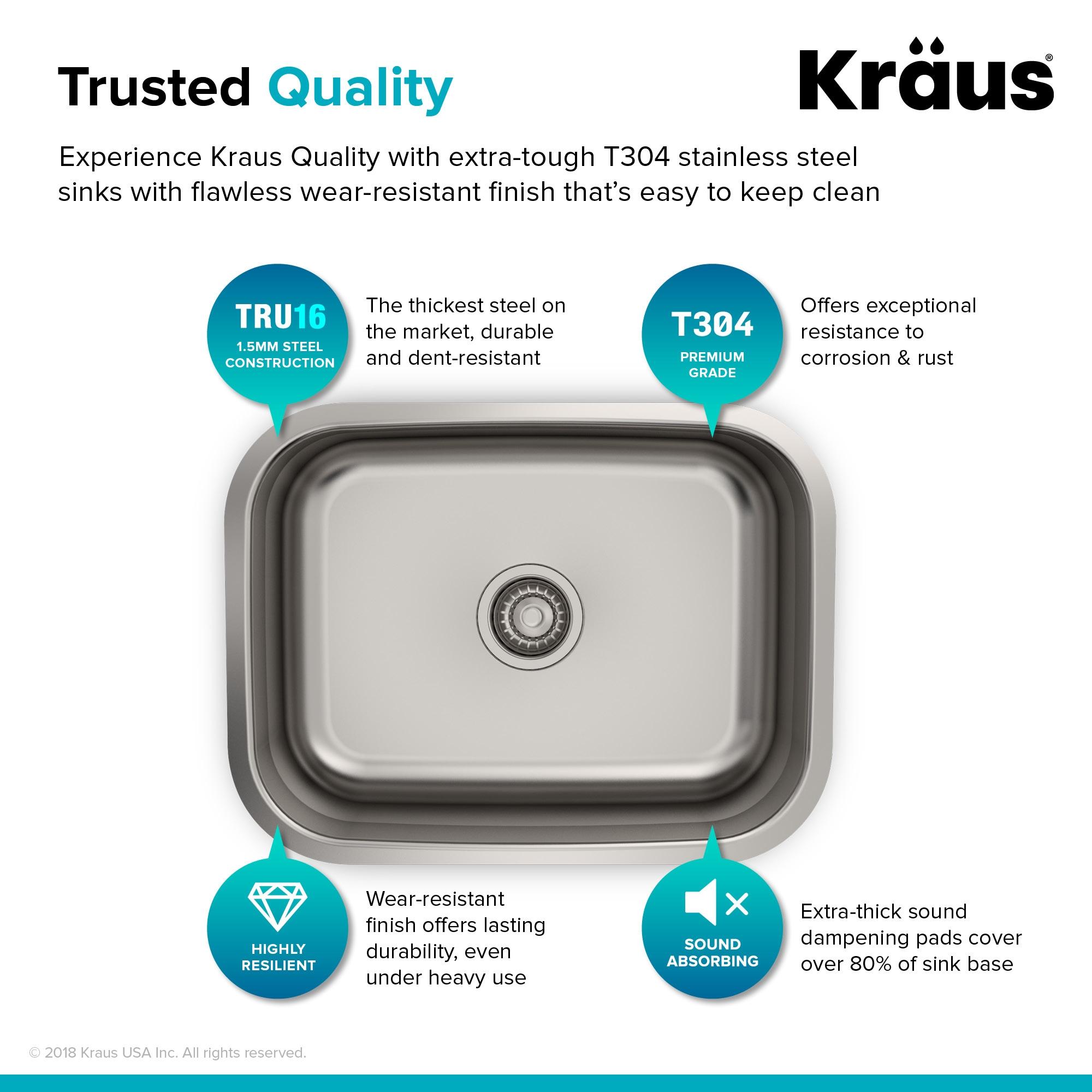 KRAUS Premier 16 Gauge Undermount Single Bowl Stainless Steel Kitchen Sink