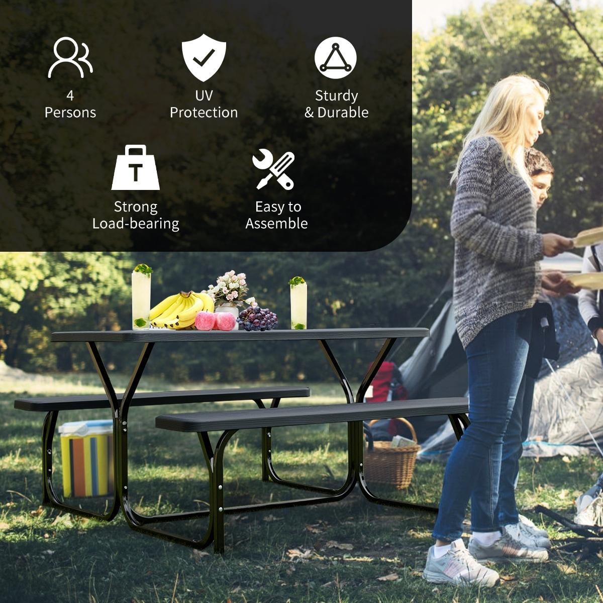 Kepooman Picnic Table, Camping Table, HDPE Outdoor Picnic Table Bench Set with Metal Base-Black