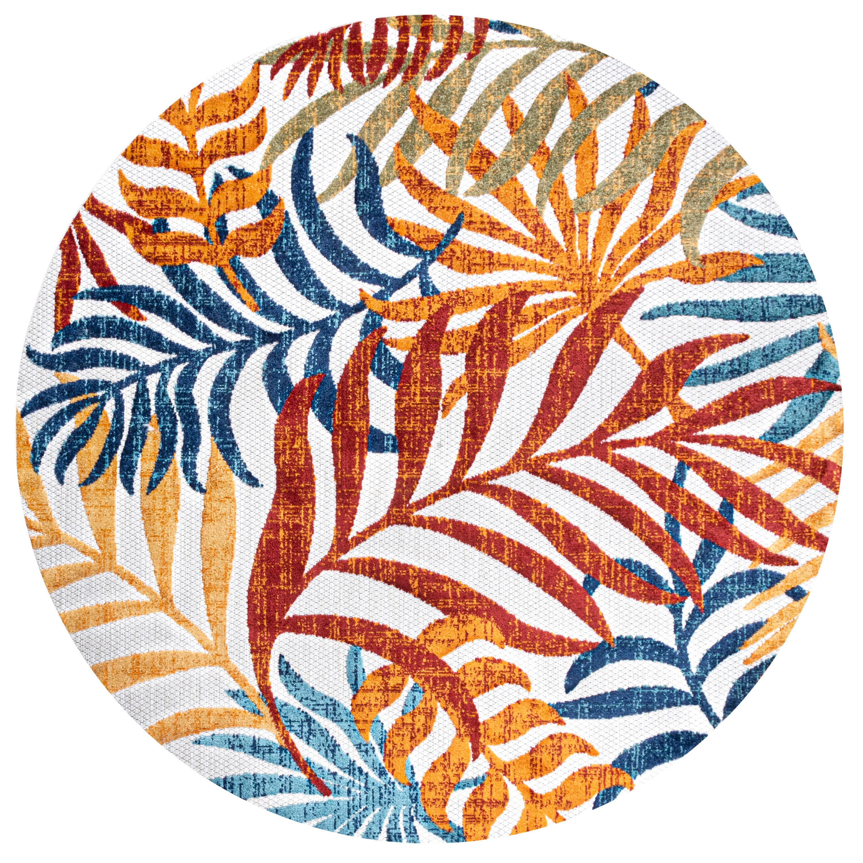 5' Round Tropics Palm Leaves Indoor/Outdoor Area Rug, Cream/Orange - JONATHAN Y