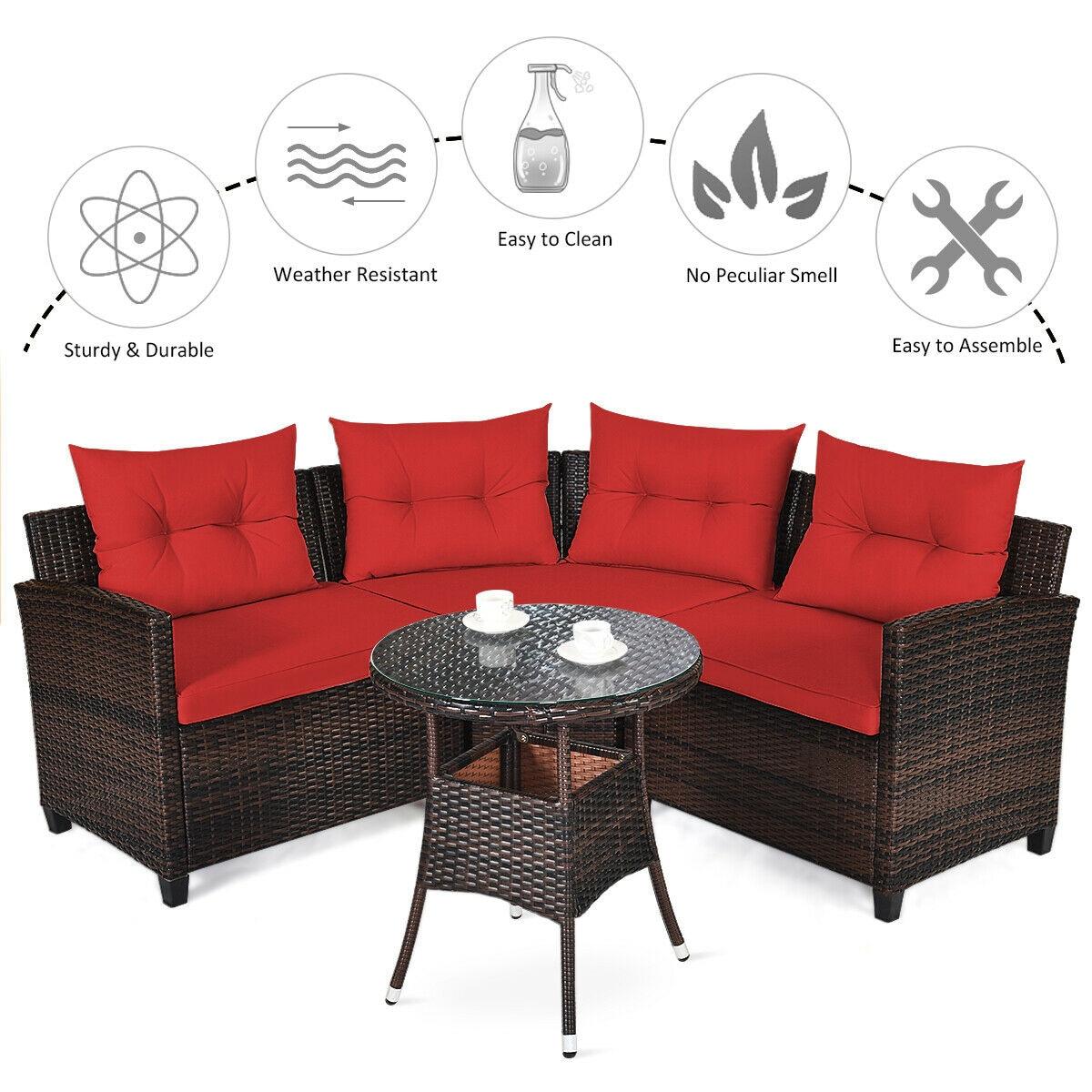 Costway 4PCS Outdoor Patio Rattan Furniture Set Cushioned Sofa Table Red
