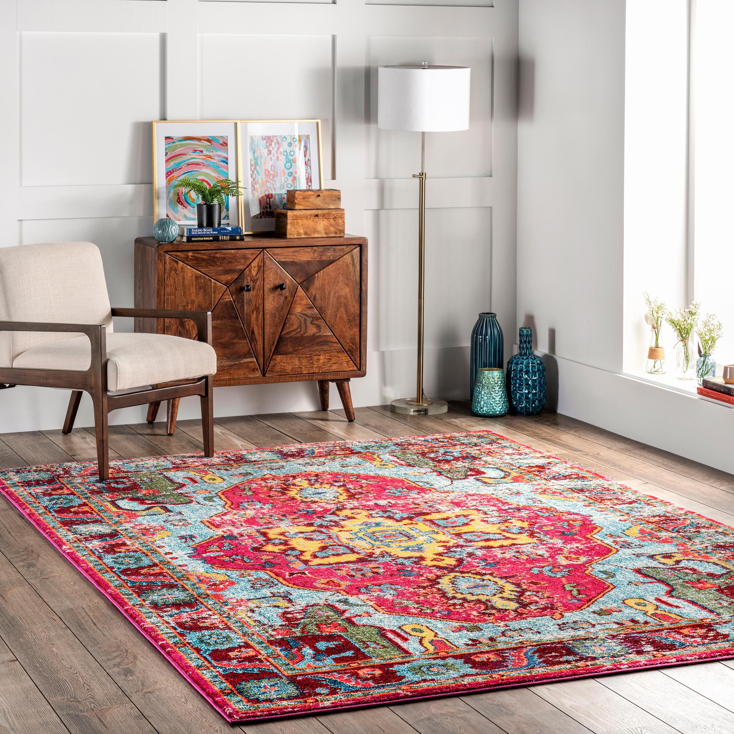 nuLOOM 4' Round Vintage Corbett Area Rug: Bohemian Medallion, Multicolor, Low Pile, Indoor, 4ft Round Rug