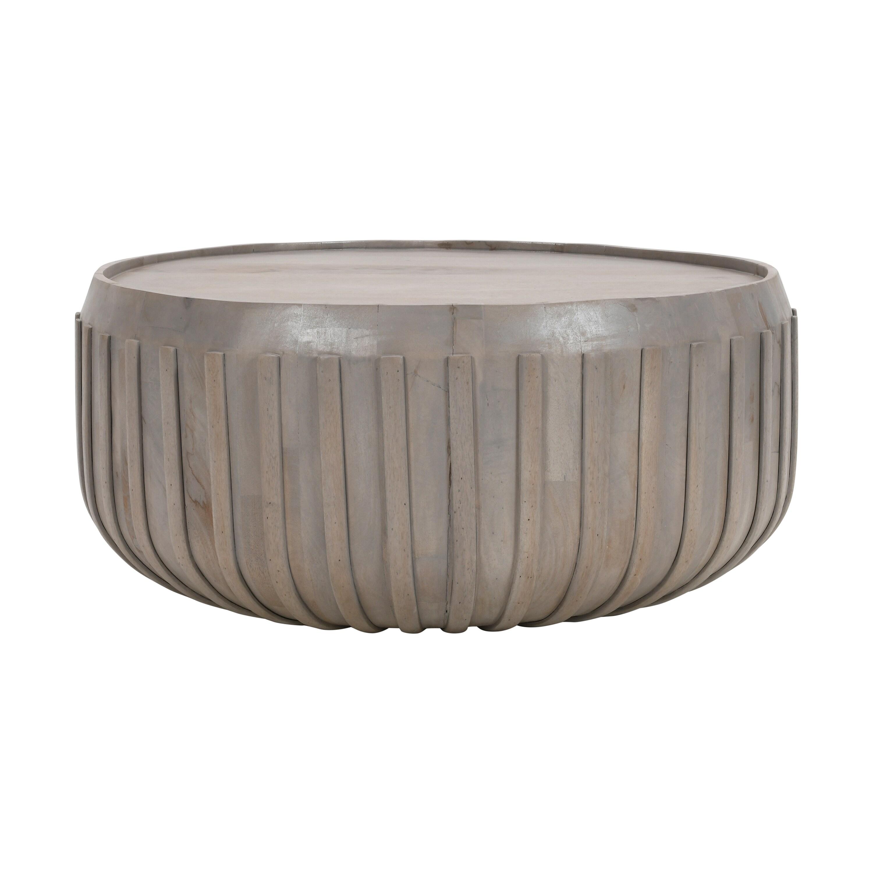 The Urban Port 36" Coffee Table Handcrafted Drum Shape with Ribbed Edges Gray Mango Wood Gray