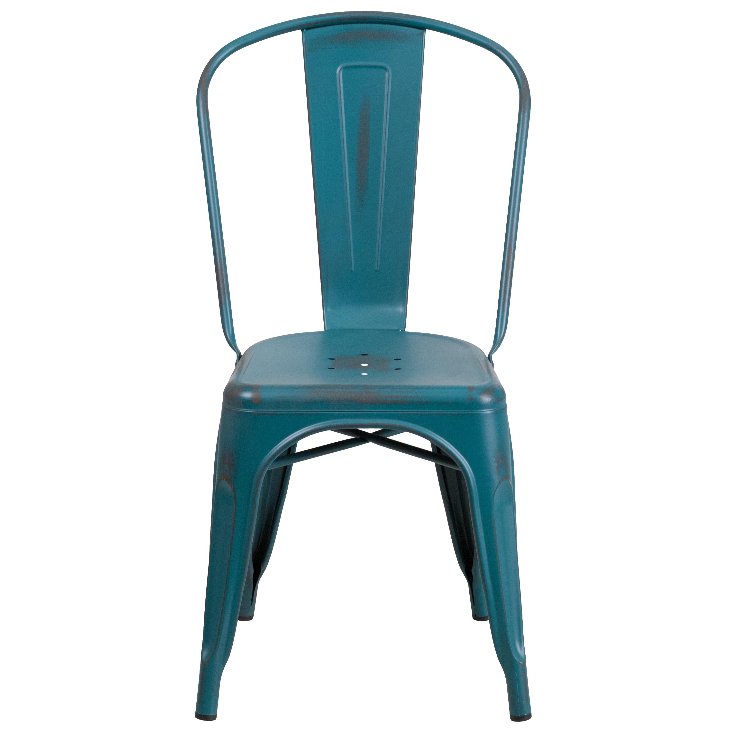 Flash Furniture Commercial Grade Distressed Kelly Blue-Teal Metal Indoor-Outdoor Stackable Chair