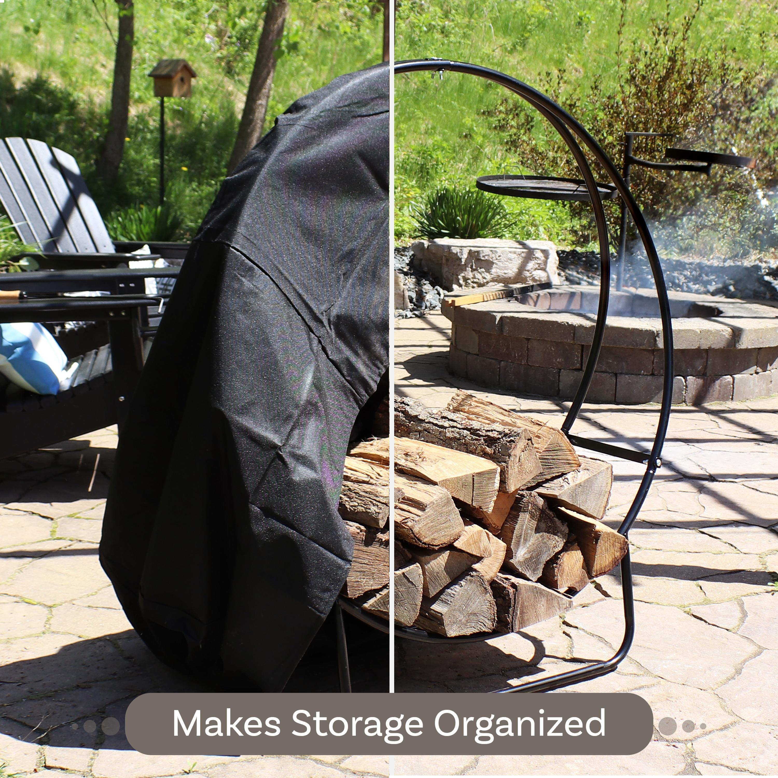 Sunnydaze Outdoor Heavy-Duty Steel Firewood Log Hoop Storage Rack with Weather-Resistant PVC Log Hoop Cover - 48" - Black