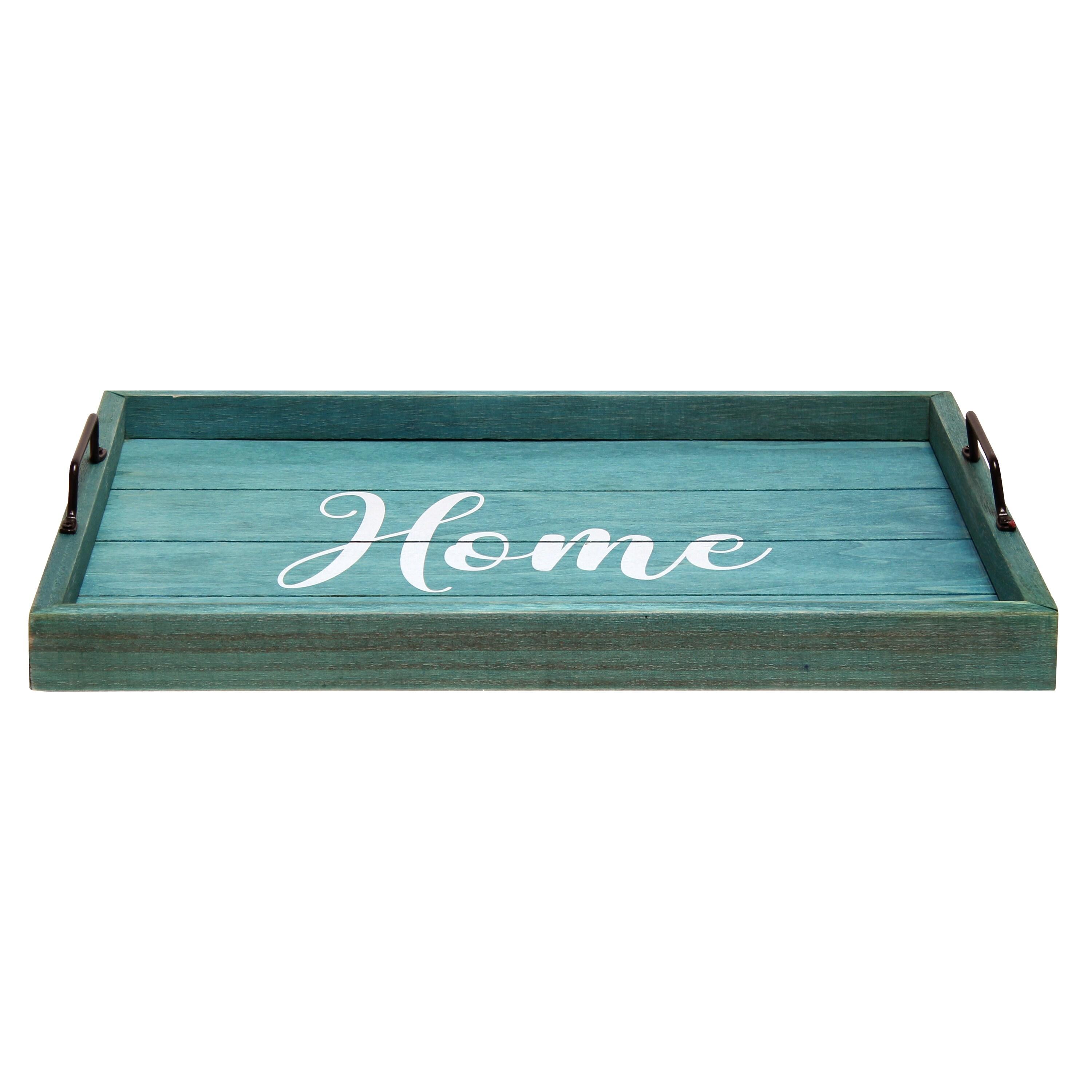 Elegant Designs 15.5" x 12" Decorative Wood Serving Tray, "Home", Blue Wash