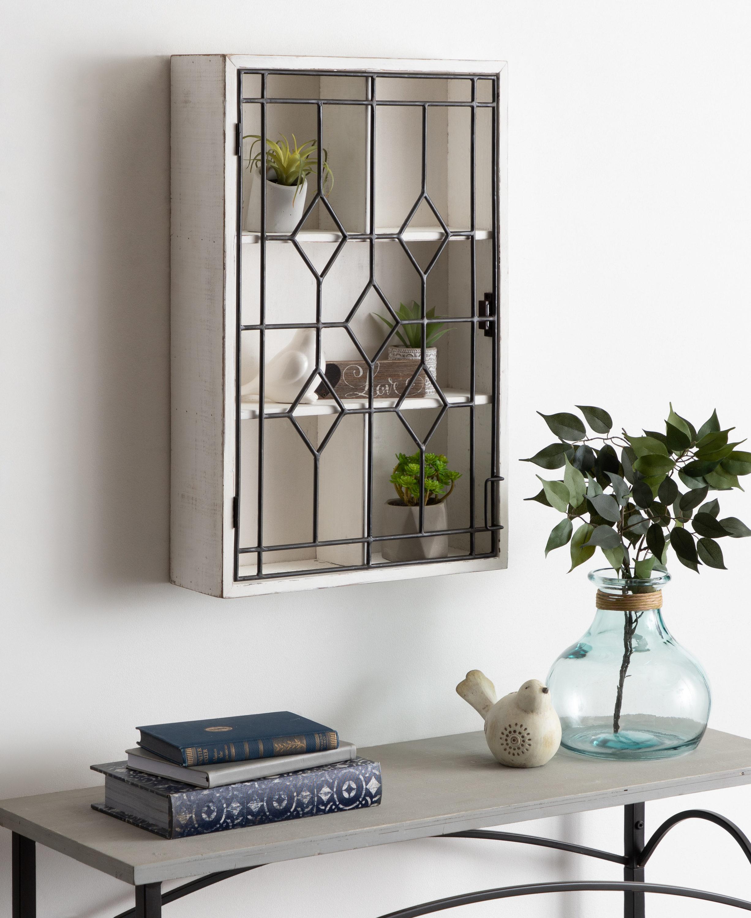 Kate and Laurel Megara Wooden Decorative Curio Cabinet for Open Storage with Decorative Black Iron Door, Whitewash Finish