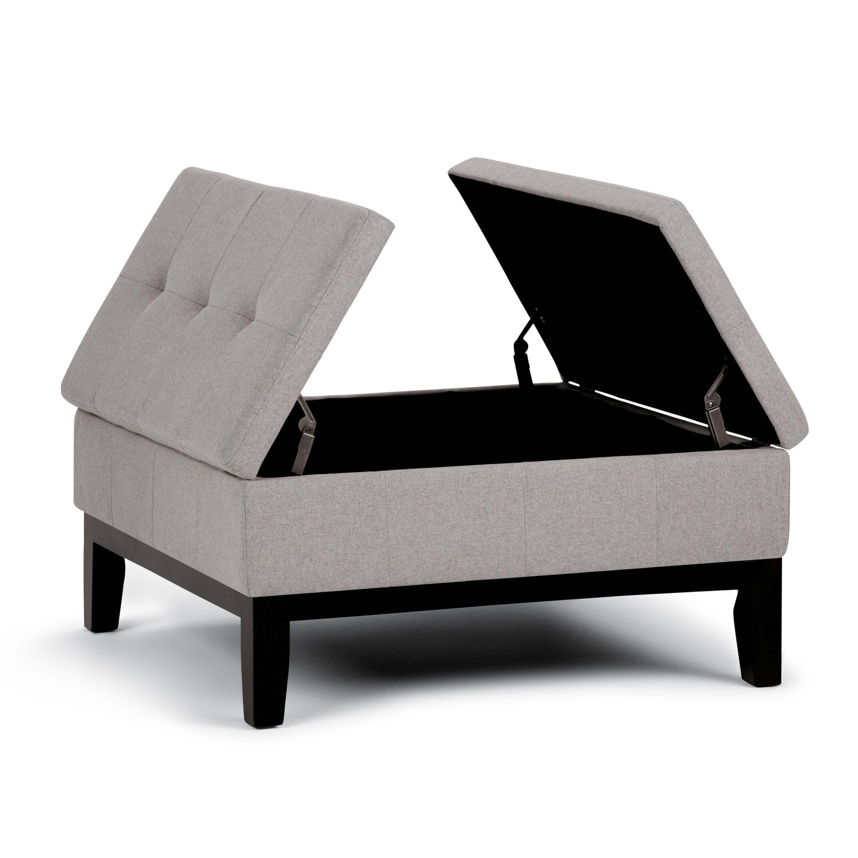 Simpli Home Dover 36"W Upholstered Square Coffee Table Storage Ottoman with Split Tufted Lift Top