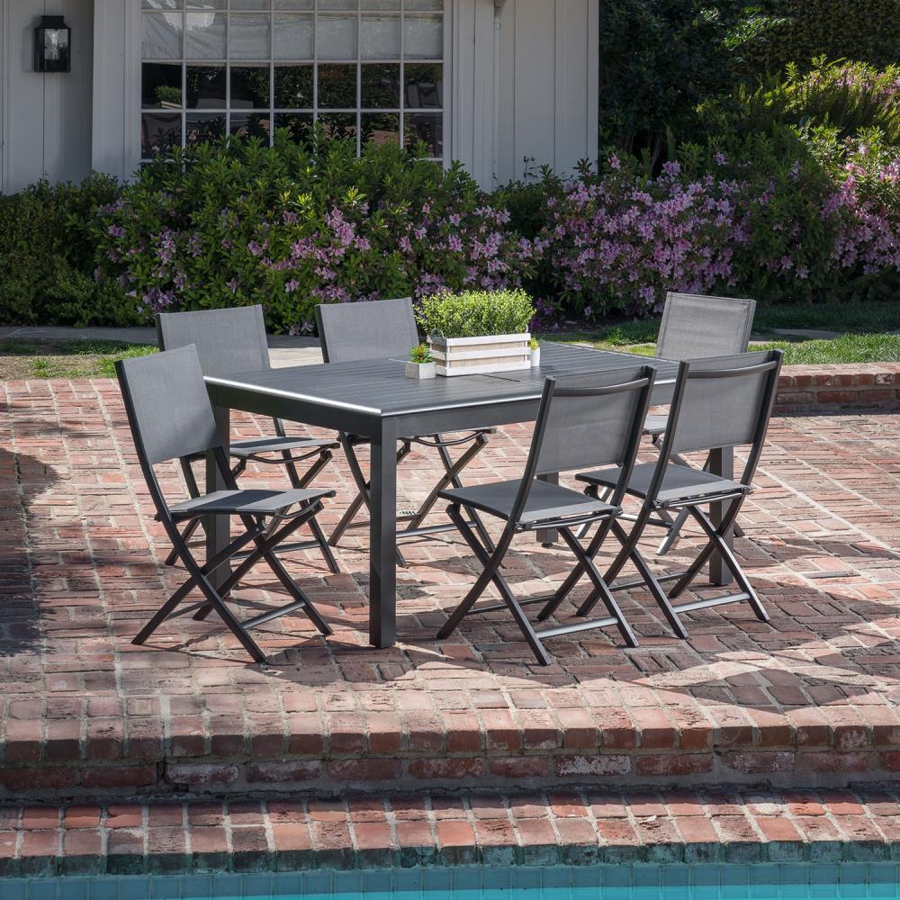 Hanover Cameron 7-Piece Expandable Dining Set with 6 Folding Sling Chairs and a 40" x 94" Table