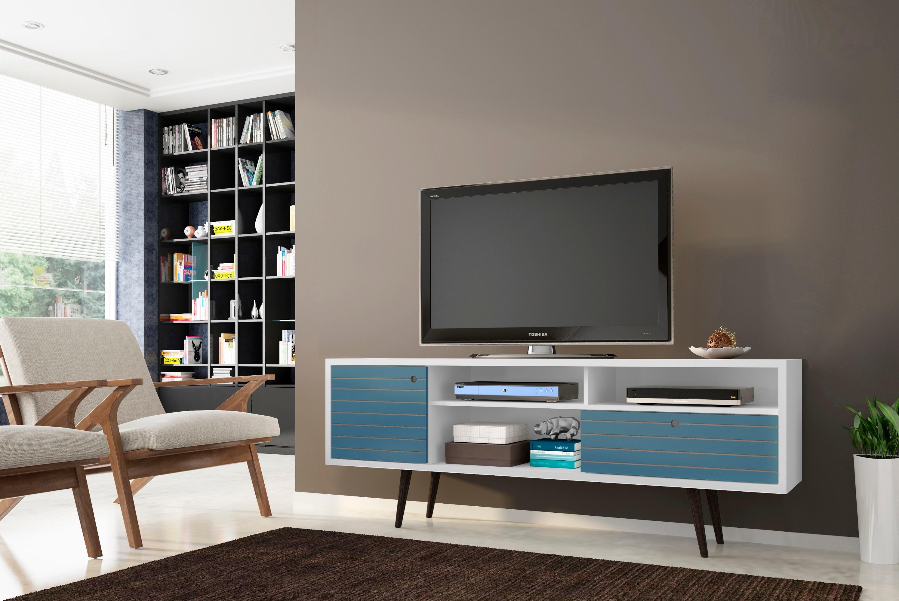 Liberty 3 Shelf and 1 Drawer TV Stand for TVs up to 65" White/Aqua Blue - Manhattan Comfort