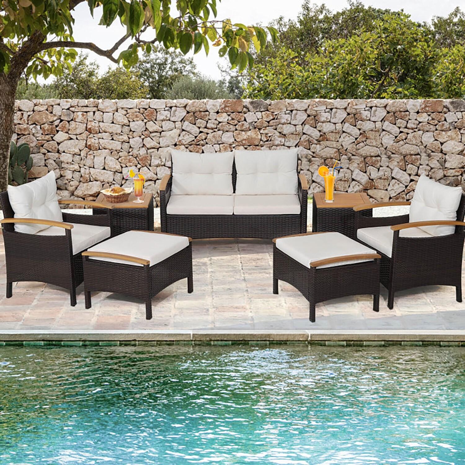 7-Piece Mix Brown Rattan Patio Sofa Set with Off-White Cushions and Acacia Wood