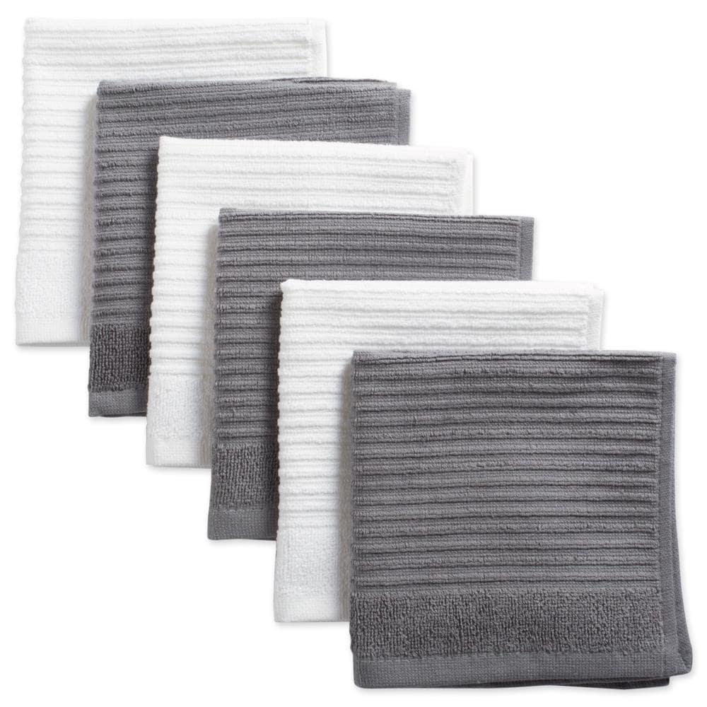 Gray and White Cotton Ribbed Terry Dish Cloth Set of 6