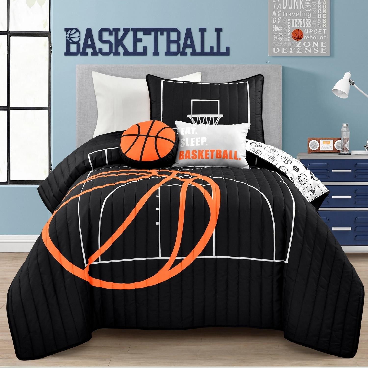 Twin Black and Orange Reversible Microfiber Basketball Quilt Set