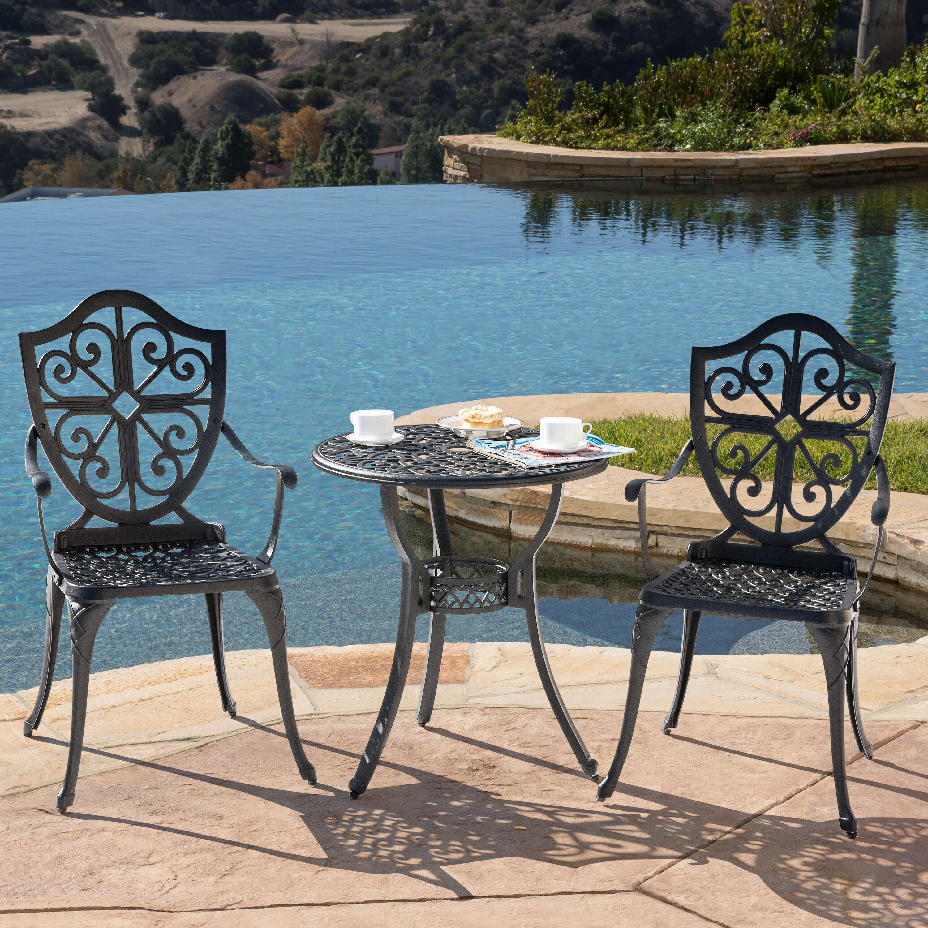 Black Cast Aluminum 3-Piece Outdoor Bistro Set with Floral Design