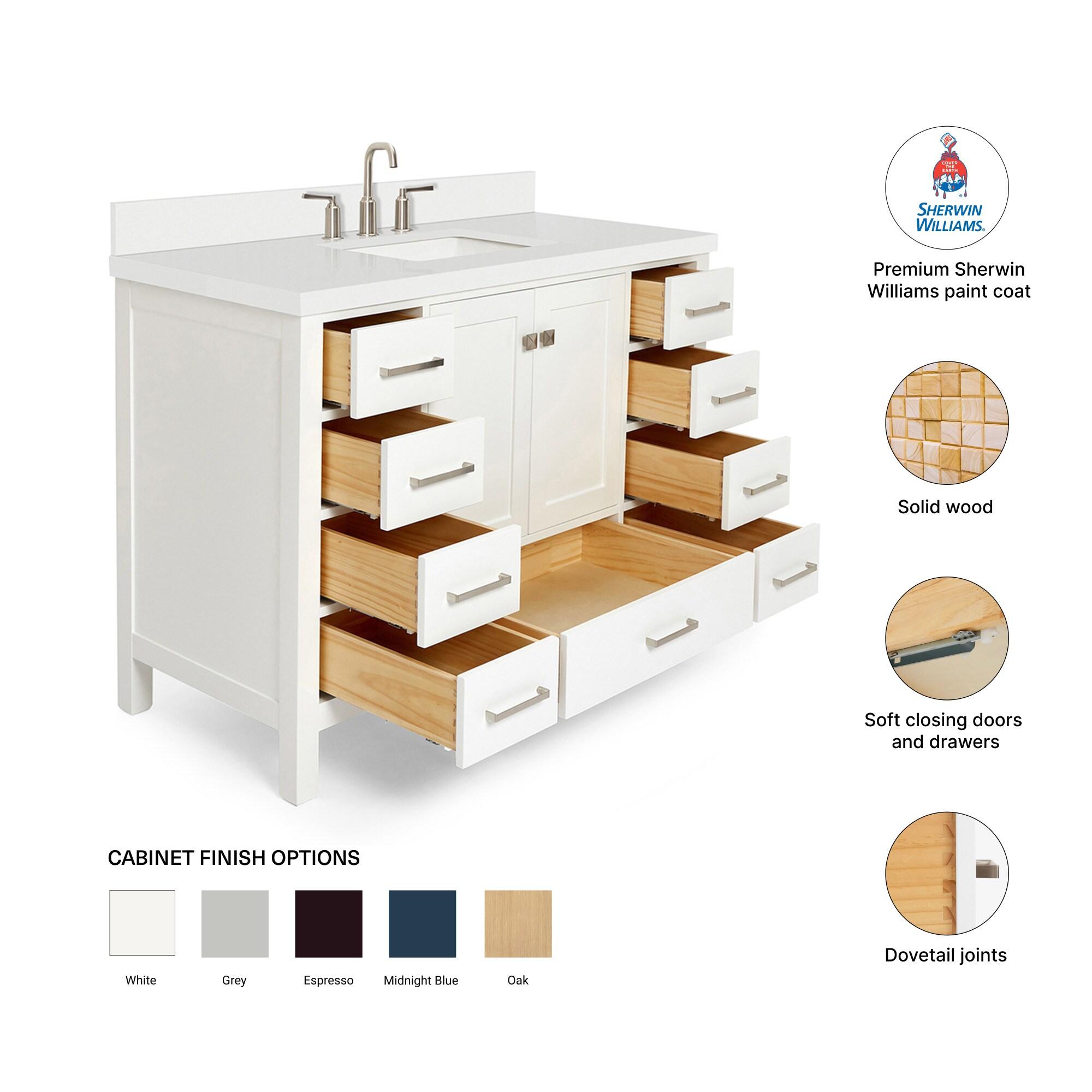 ARIEL 49" Bathroom Vanity with 1.5" Edge Pure White Quartz Countertop & Backsplash, Center Rectangular Sink, 2 Soft Closing Doors, 9 Full Extension Dovetail Drawers, Brushed Nickel - White