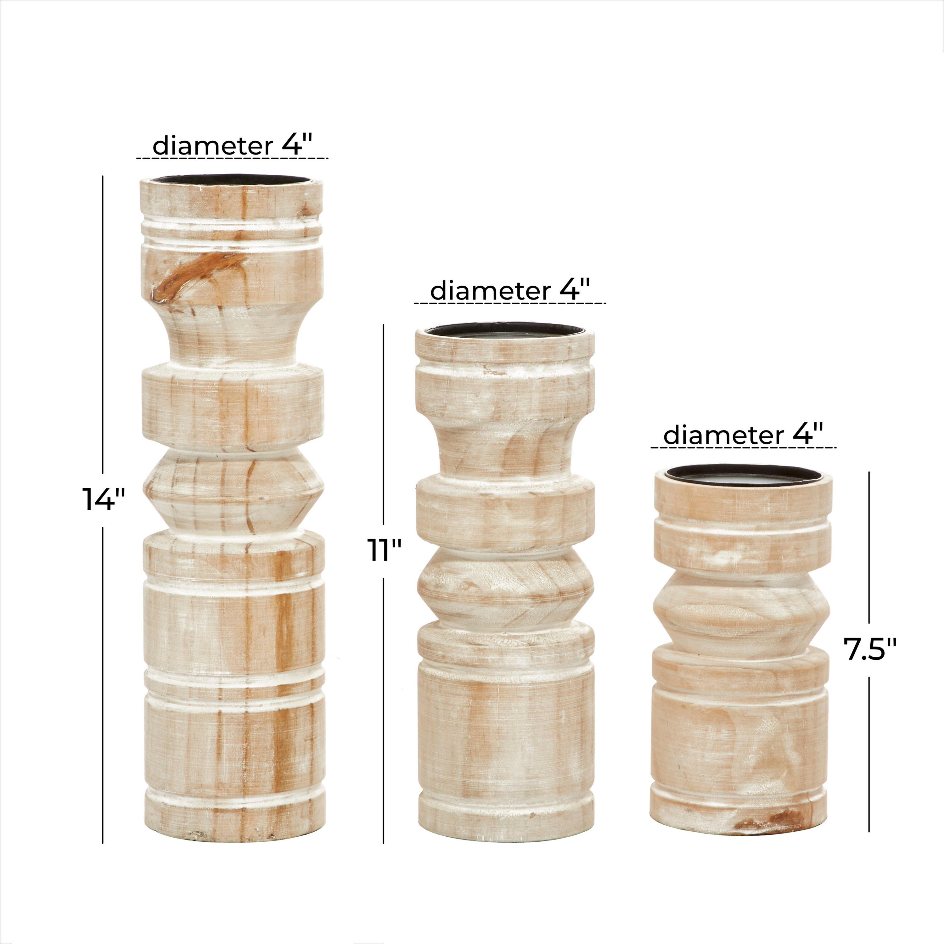 DecMode 3 Candle Brown Wood Pillar Candle Holder with White Wash Finish, Set of 3