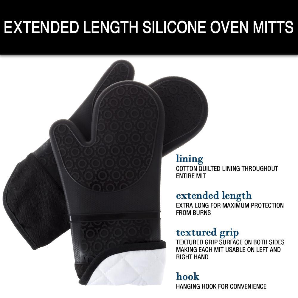 Silicone Oven Mitts - Extra Long Professional Quality Heat Resistant with Quilted Lining and 2-sided Textured Grip - 1 pair Black by Hastings Home