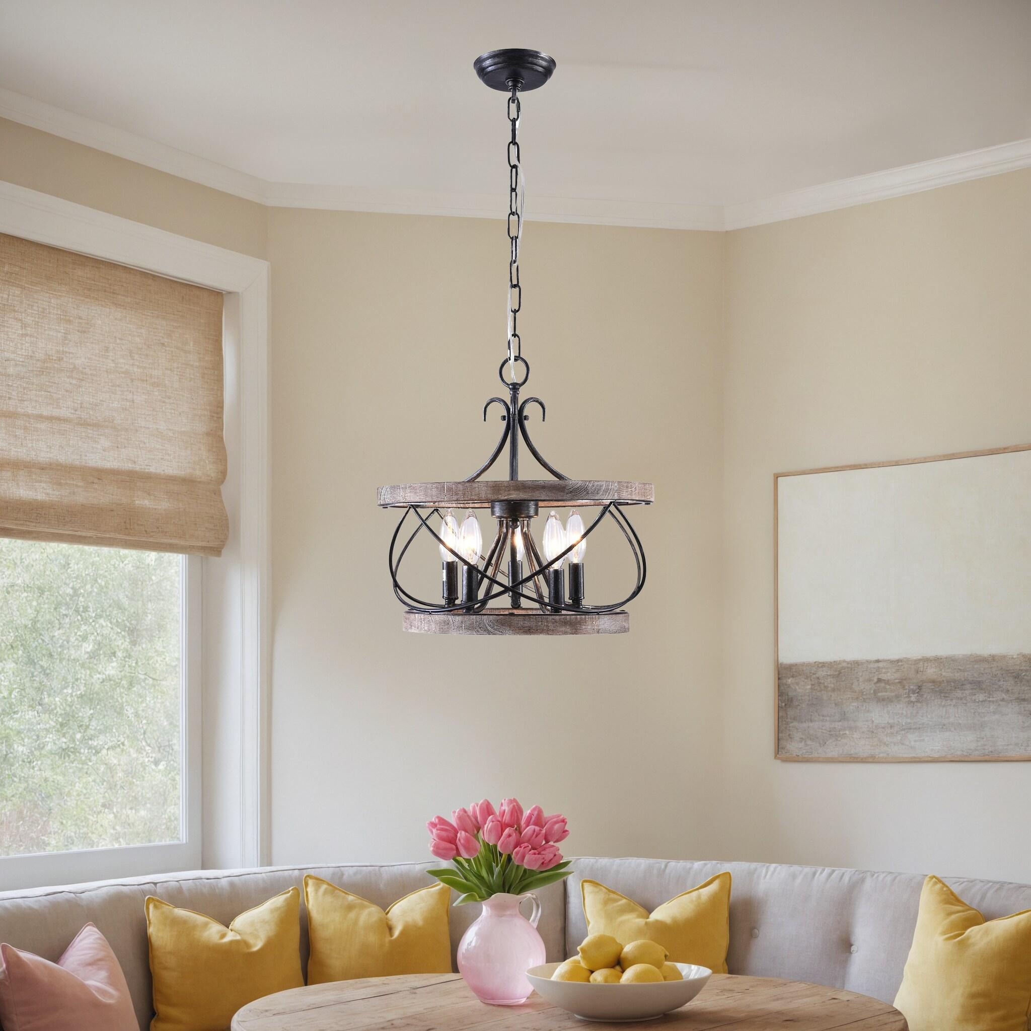 Cusp Barn  5-Light Farmhouse Wood Chandelier Adjustable Handmade Rustic Drum Ceiling Light Fixture Hanging Lamp for Foyer Kitchen 15.7-inch -