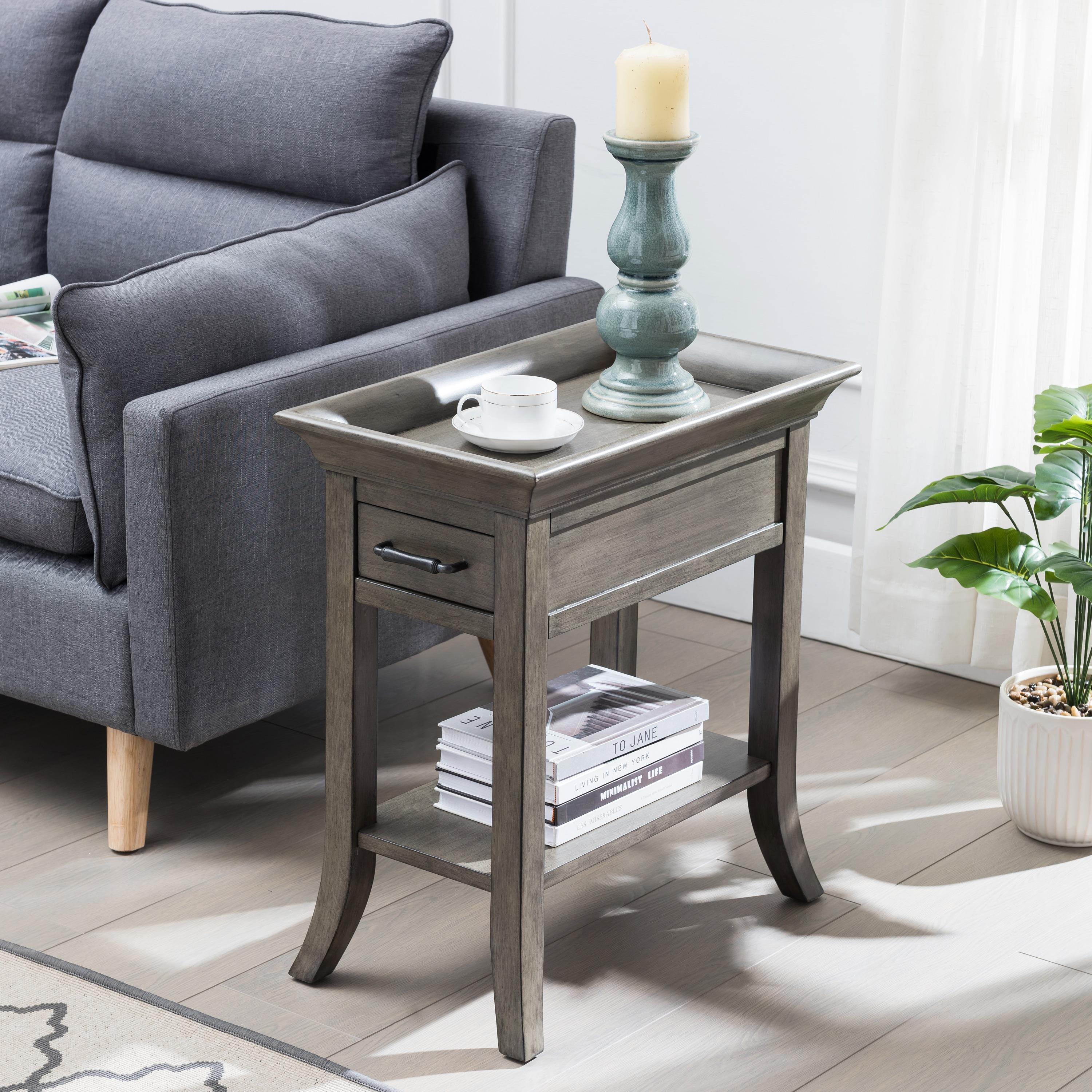 Smoke Gray Wash Wood Side Table with Drawer and Shelf