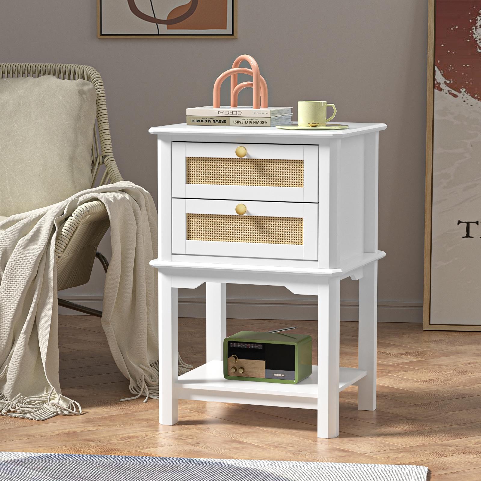 Giluta White Night Stand, 27.95'' H Wood Bedside Table with 2 Drawers, Natural Rattan Nightstand, Farmhouse End Side Table, Night Stand Cabinet for Bedroom