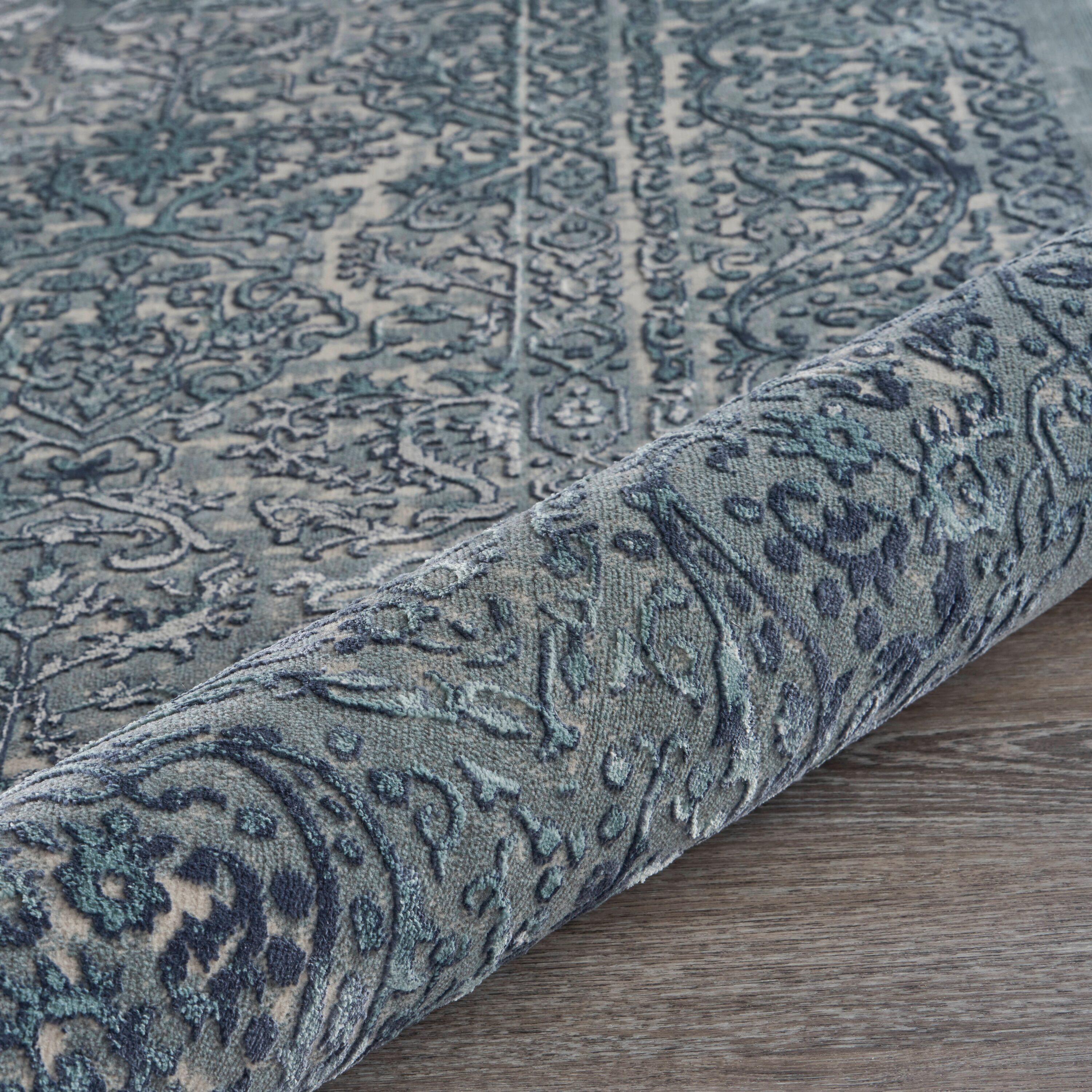 LR Home Imara Amety Blue/Silver Traditional Damask Polyester Area Rug, 9'6" x 13'