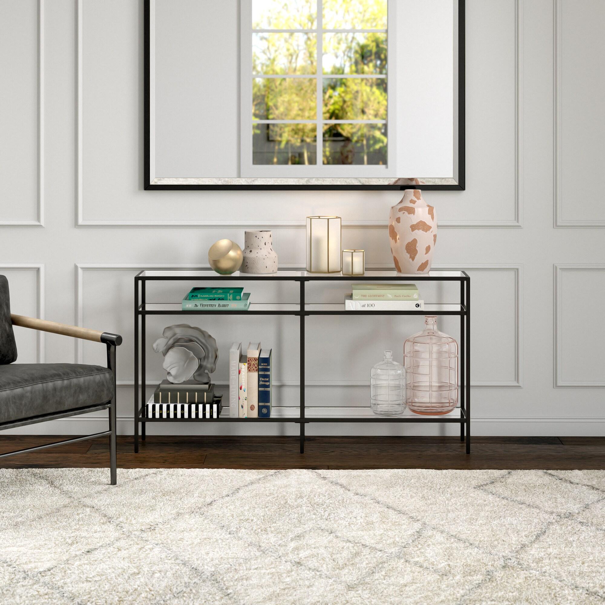 Sivil 55" Blackened Bronze and Black Metal Console Table with Glass Top