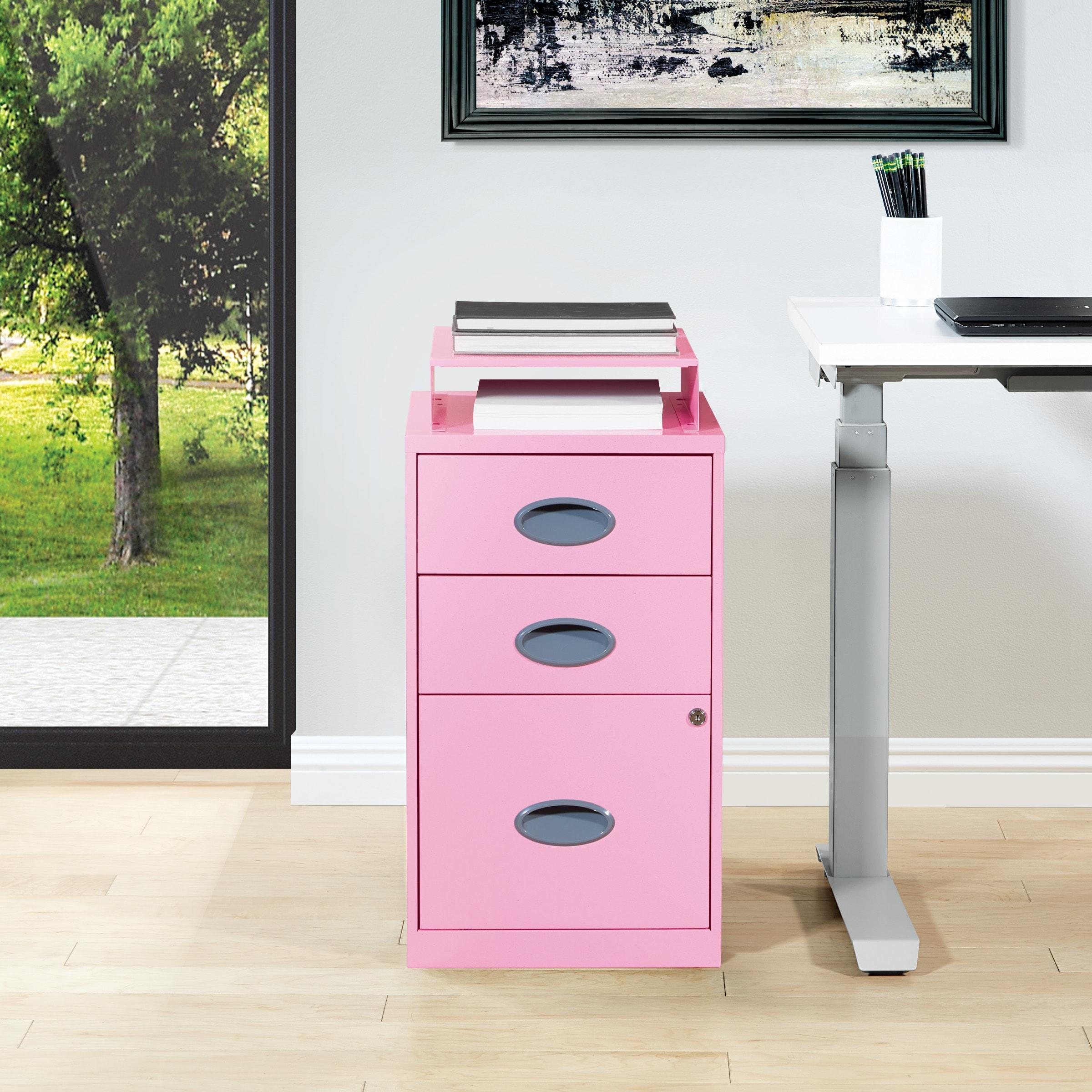OSP Home Furnishings 3-Drawer Lockable Metal File Cabinet, Pink