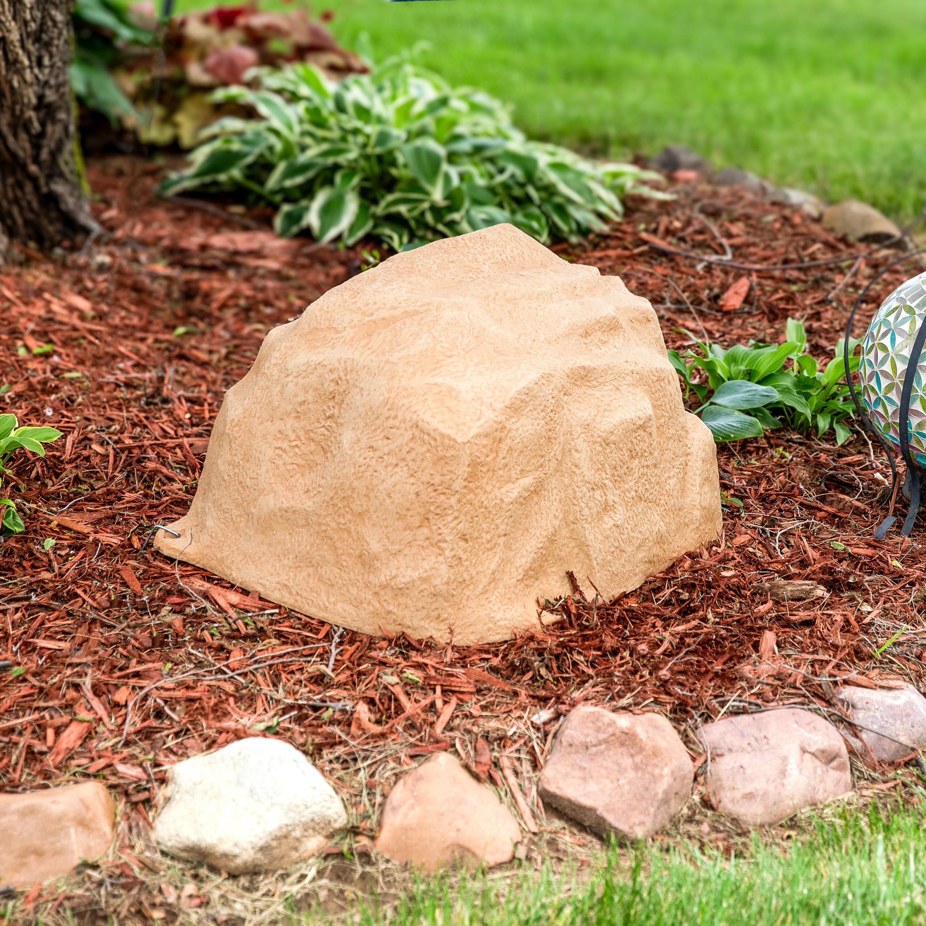 Sunnydaze Outdoor Low-Profile Polyresin Landscape Rock Septic Cover with Stakes - Sand - 14"