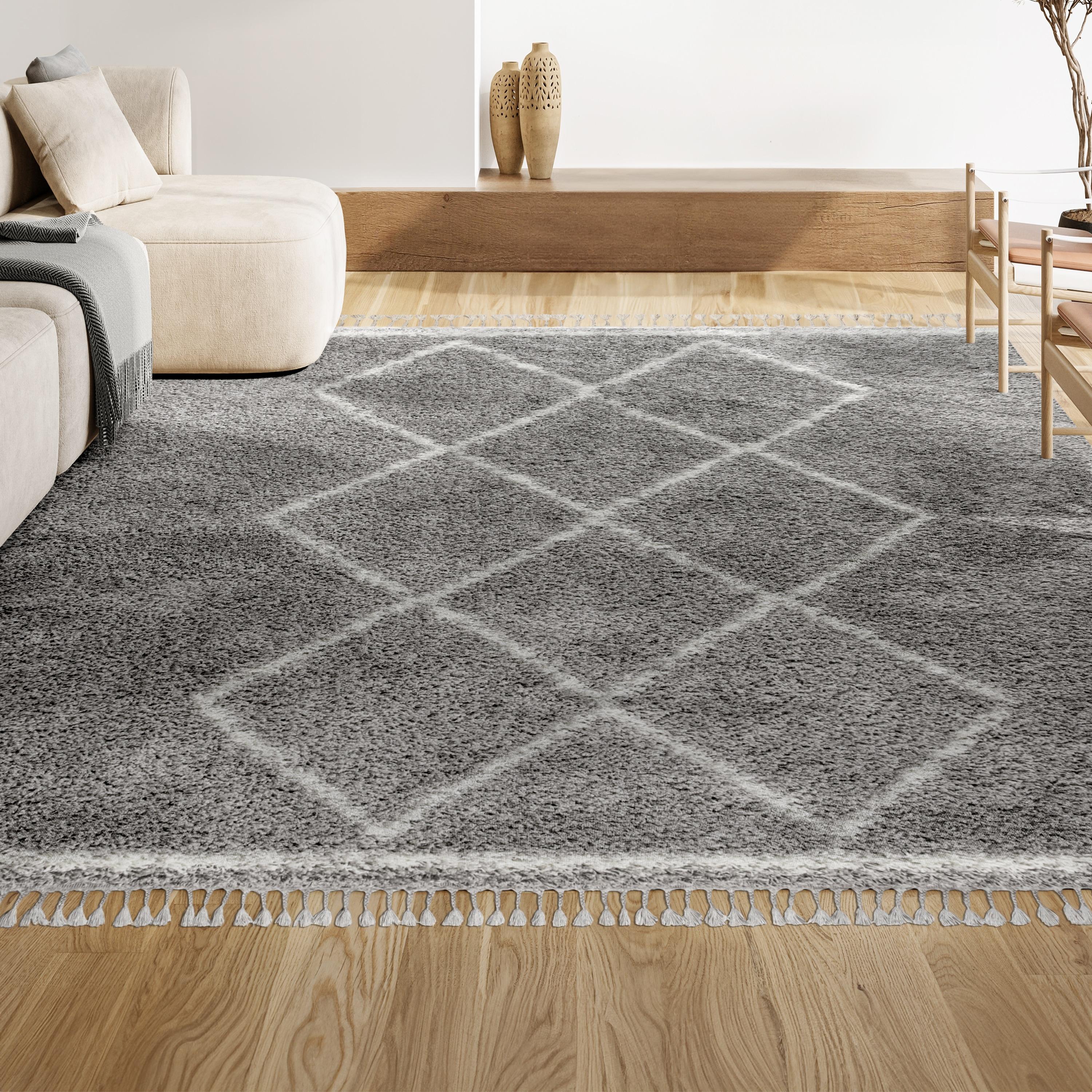 4'x6' Mercer Shag Plush Tassel Moroccan Geometric Trellis Area Rug, Grey/Cream - JONATHAN Y