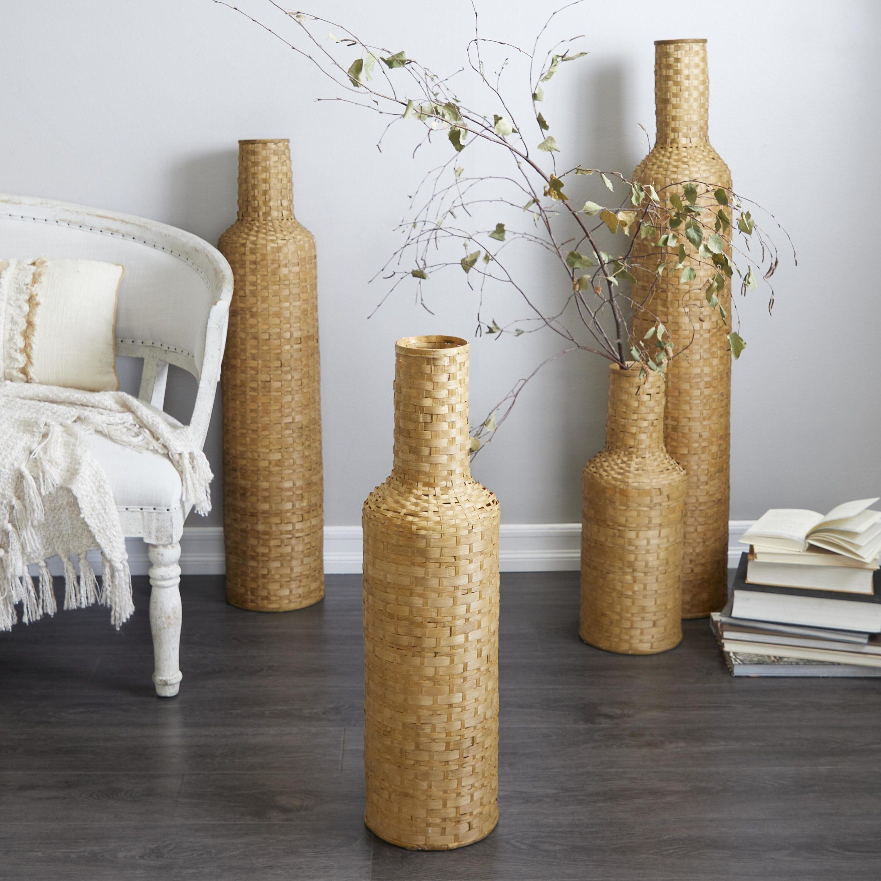 Tall Brown Woven Bamboo Floor Vase