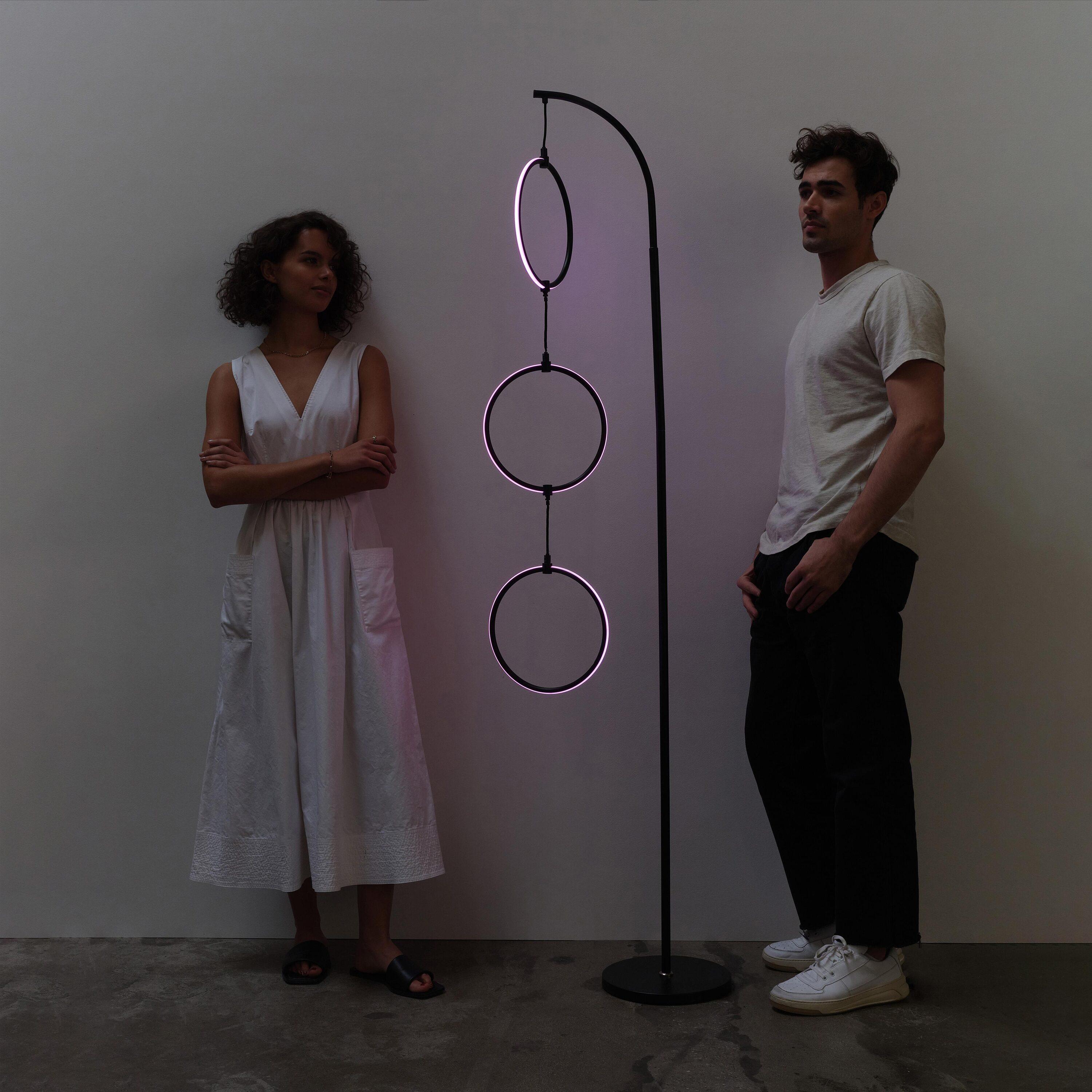 Brightech Nova 74 in. Novelty Industrial 3-Hanging Ring Light LED Standing Floor Lamp with Built-In Color Options