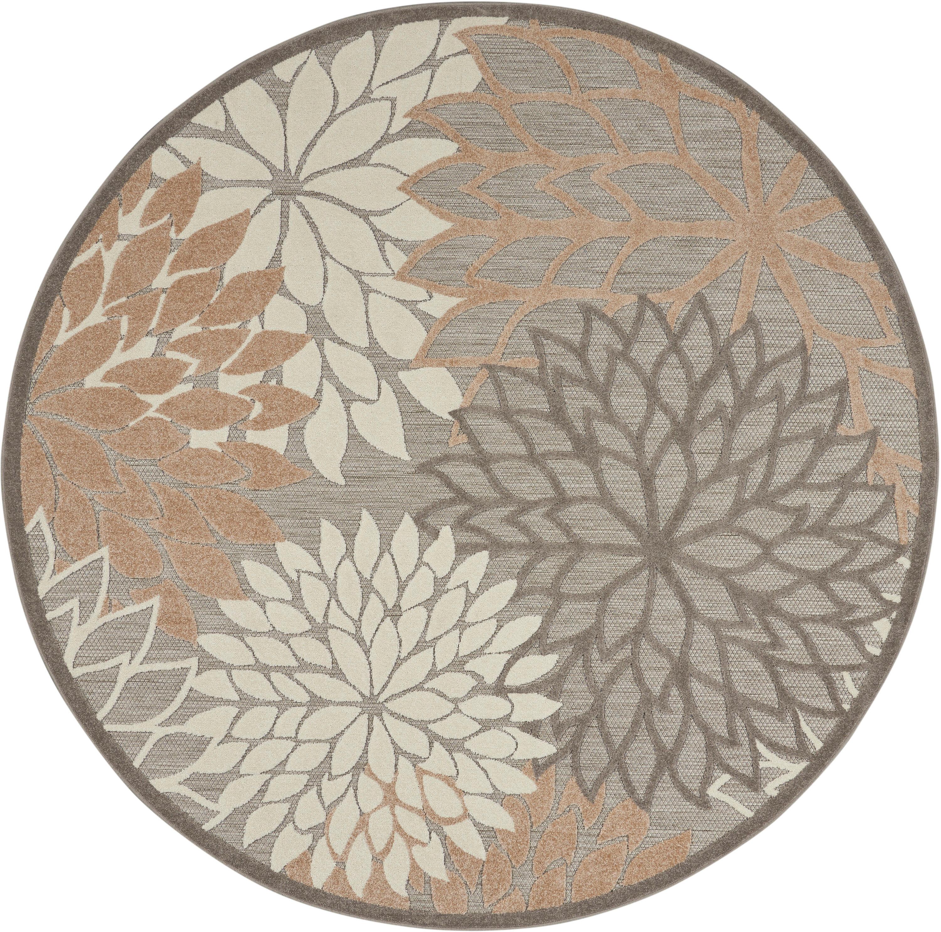 Nourison Aloha Floral Bloom Flatweave High-Low Indoor Outdoor Round Rug Natural 5'3" x 5'3"