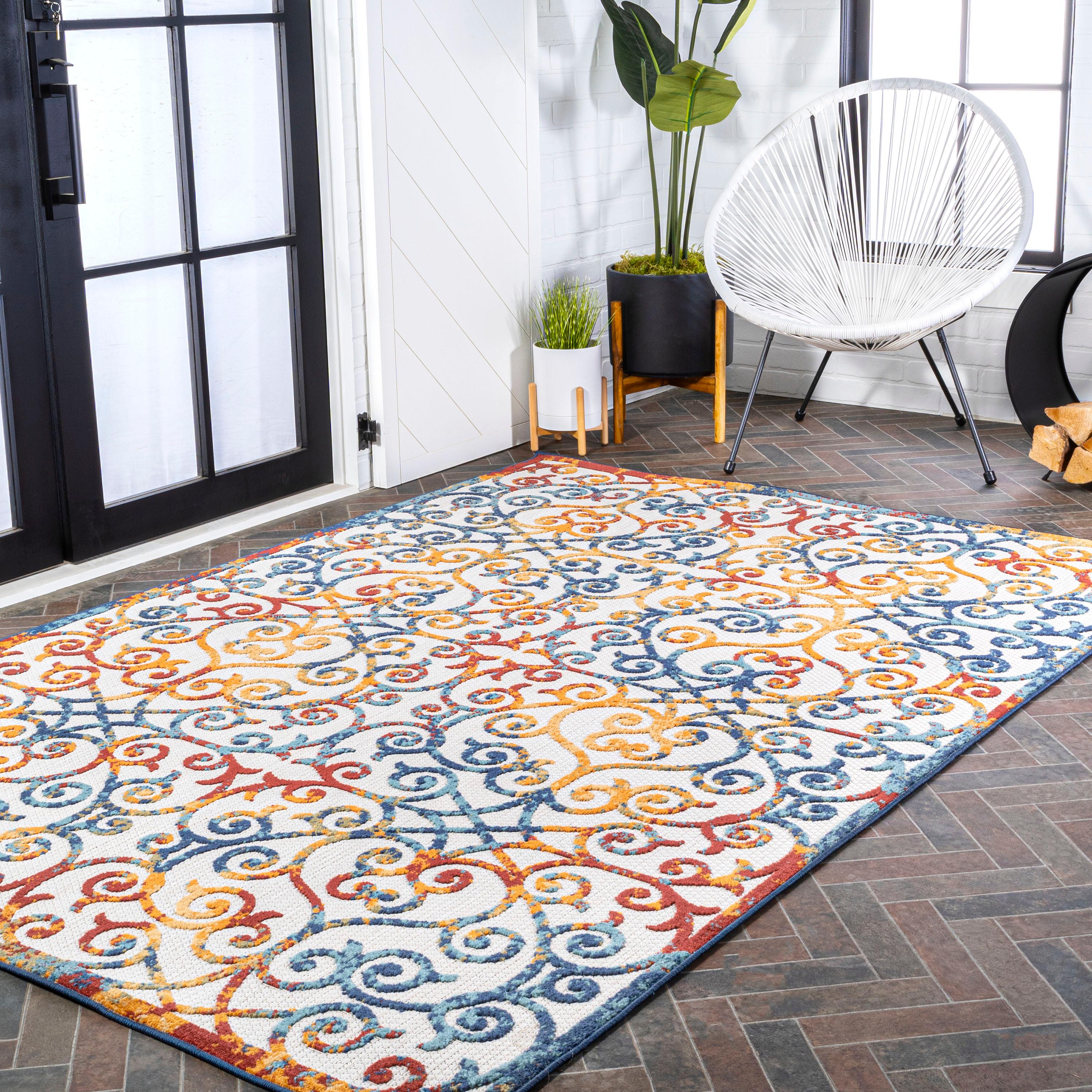 3'x5' Atrani Scroll Trellis Indoor/Outdoor Area Rug, Cream/Blue/Red - JONATHAN Y