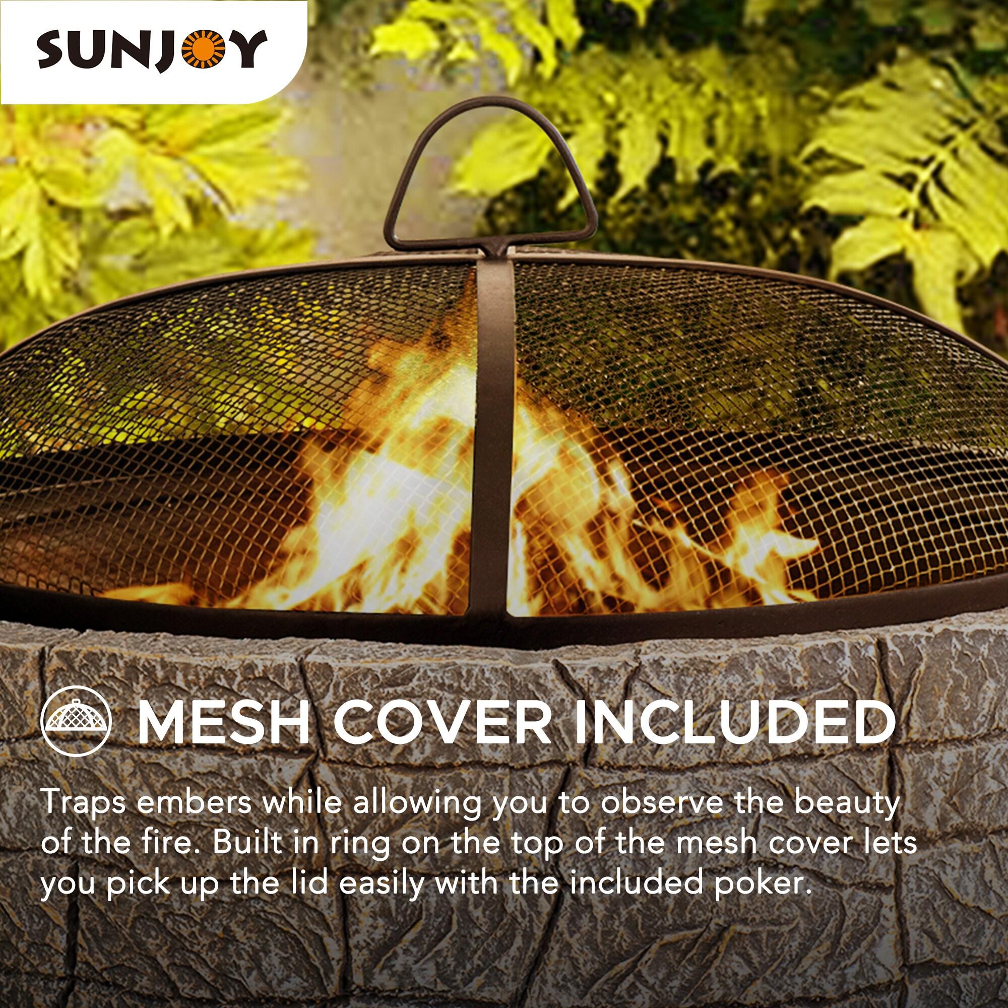SUNJOY 26 Inch Stone Fire Pit, Patio Outdoor Round Wood Burning Fire Pits for Outside with Spark Screen and Poker, Stone Gray