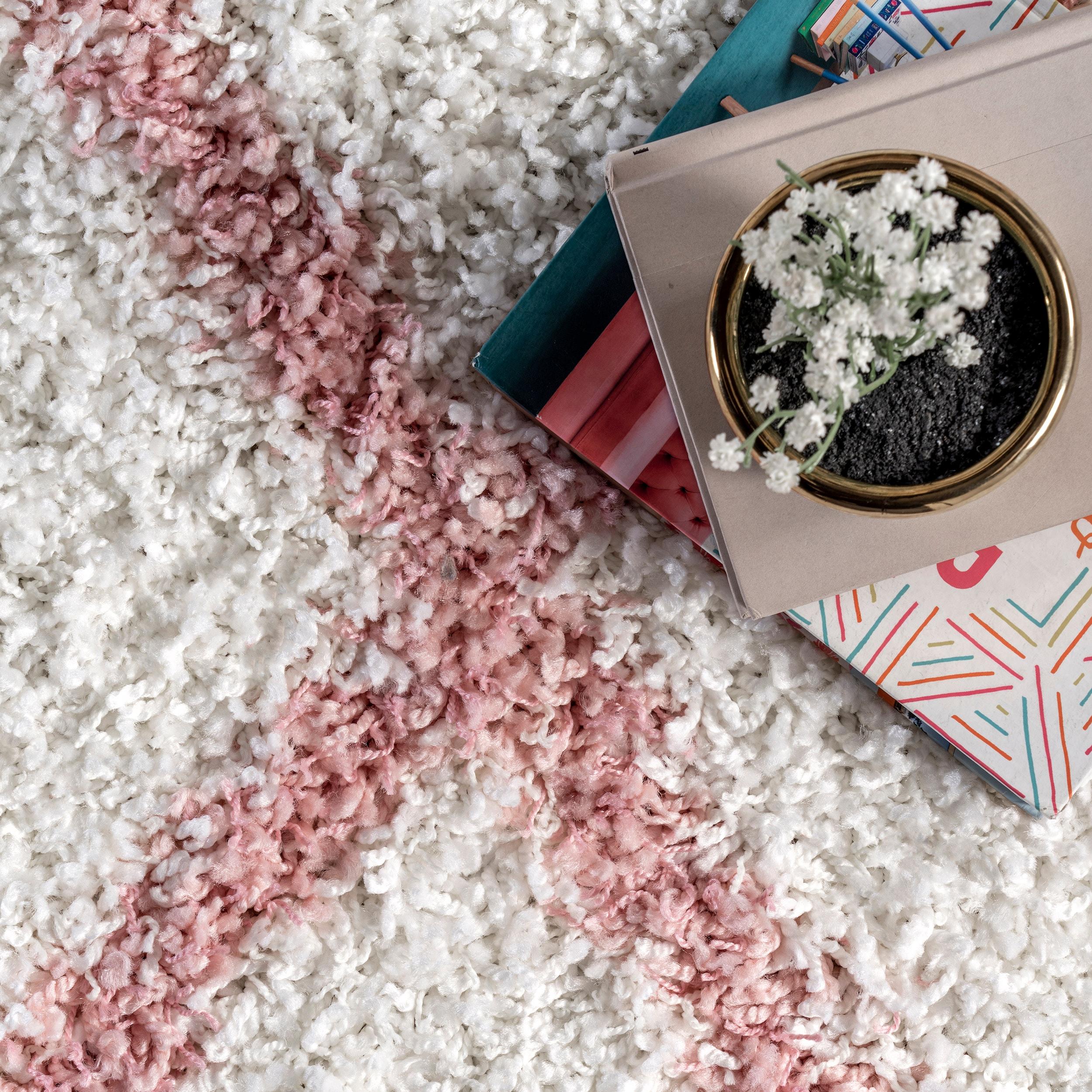 Nuloom Tess Geometric 2x8 Runner Shag Indoor Area Rug for Living Room Bedroom Dining Room Nursery Entryway Hallway, Pink/Ivory